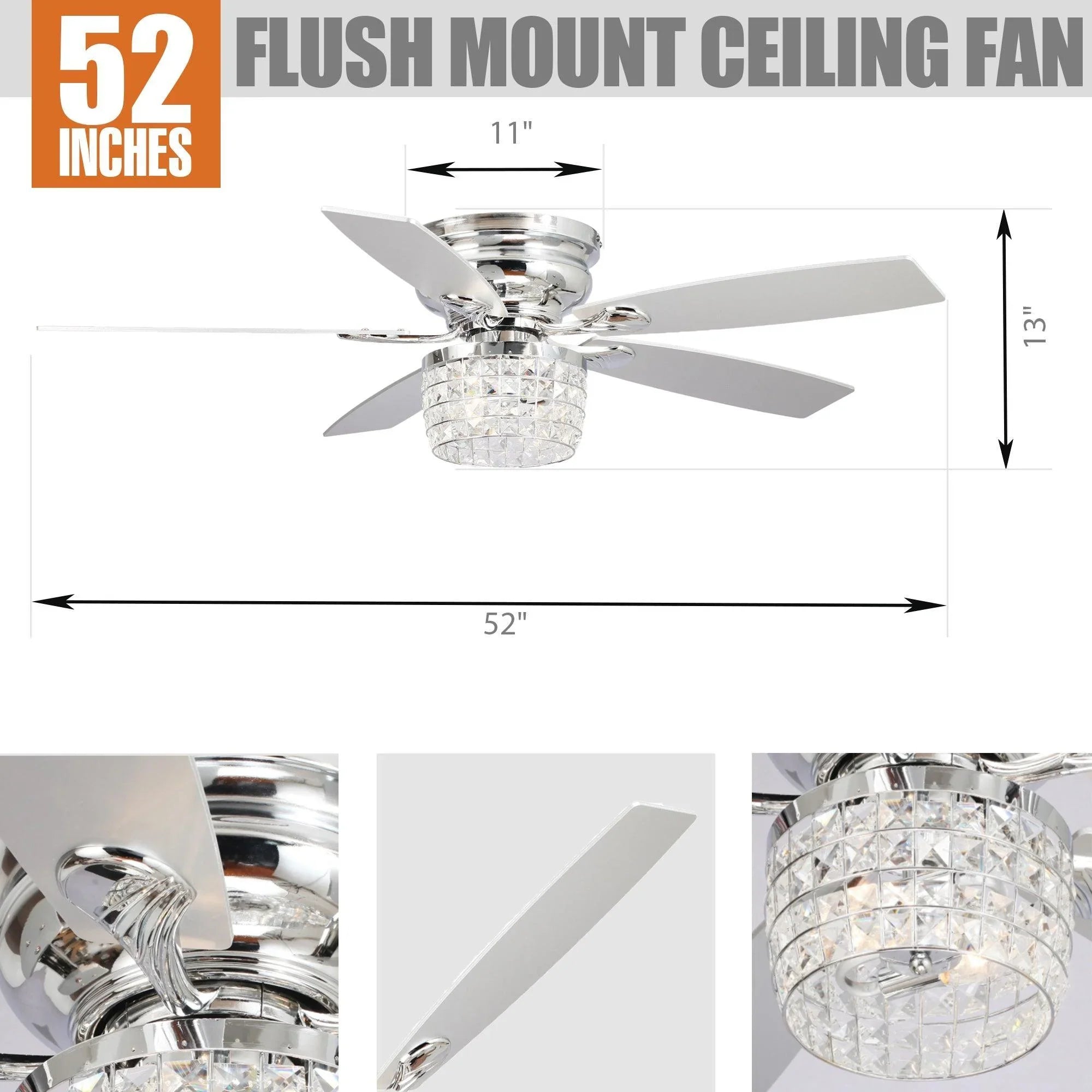 52-inch flush-mount ceiling fan with chrome housing, crystal light, and five blades