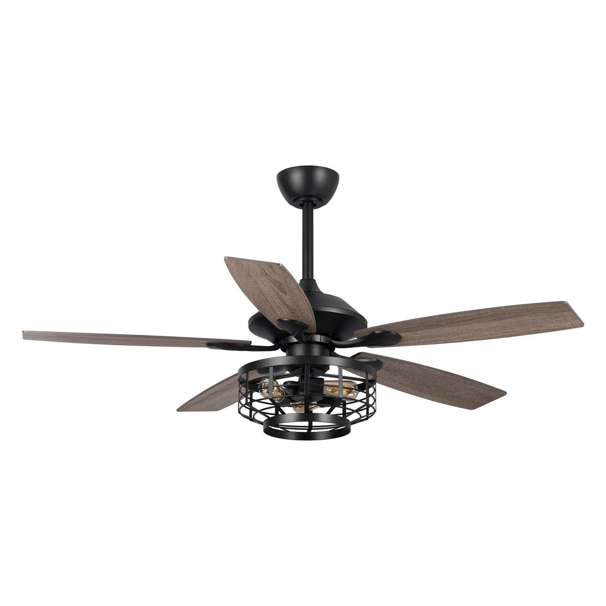 Black 52-inch ceiling fan with five reversible wood blades and caged light