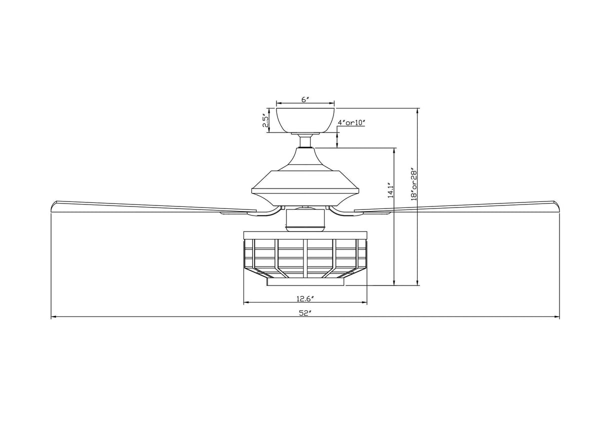 Ceiling fan size diagram showing 52-inch span with caged light housing