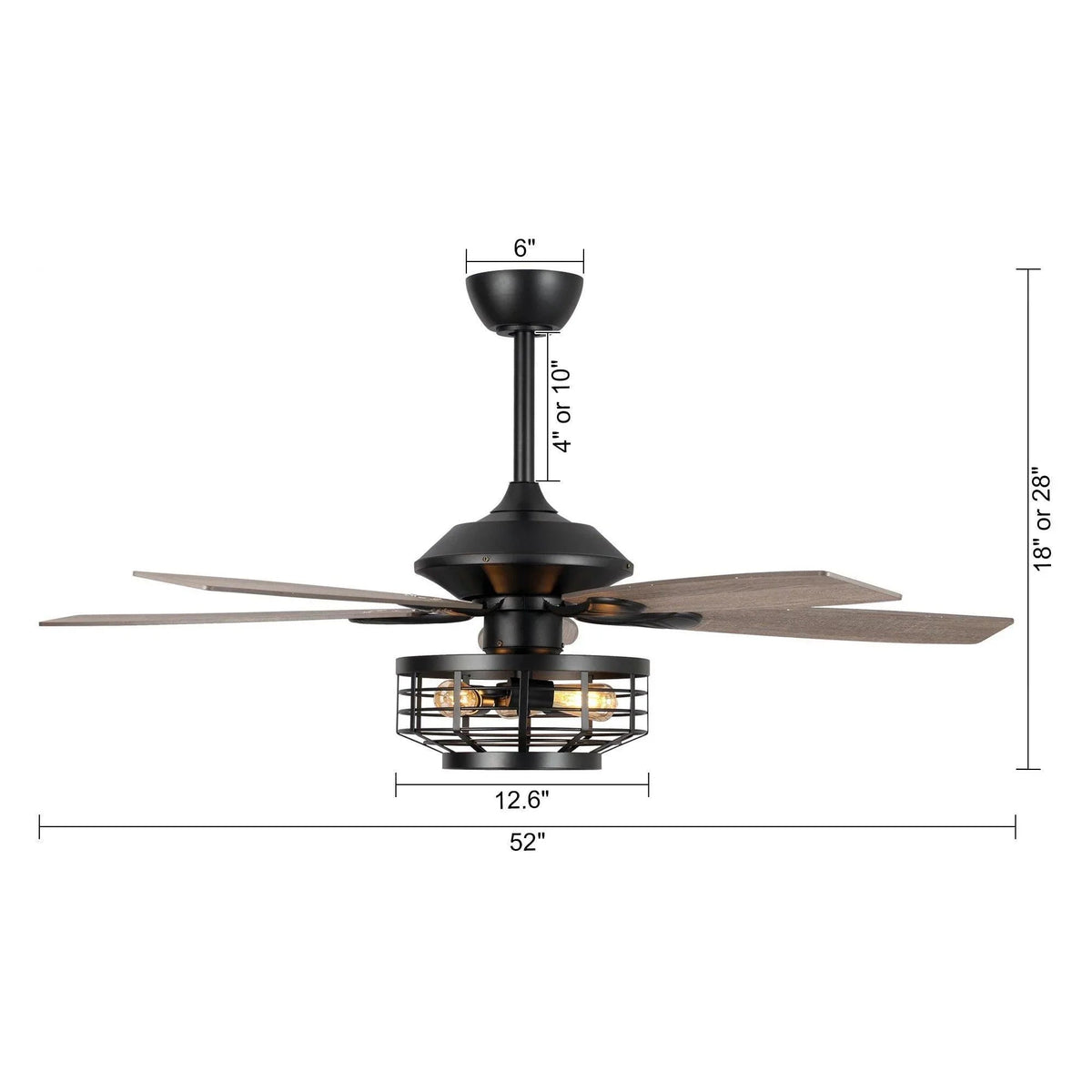 Black ceiling fan with light cage and reversible wooden blades, 52-inch size