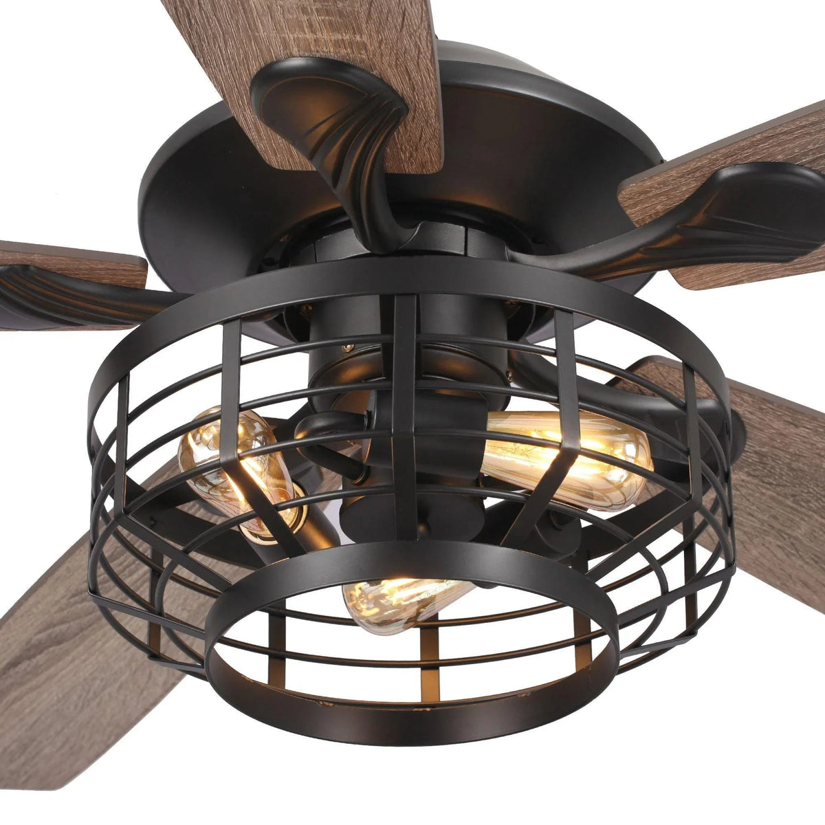 Black ceiling fan with wood blades and glowing caged light fixture