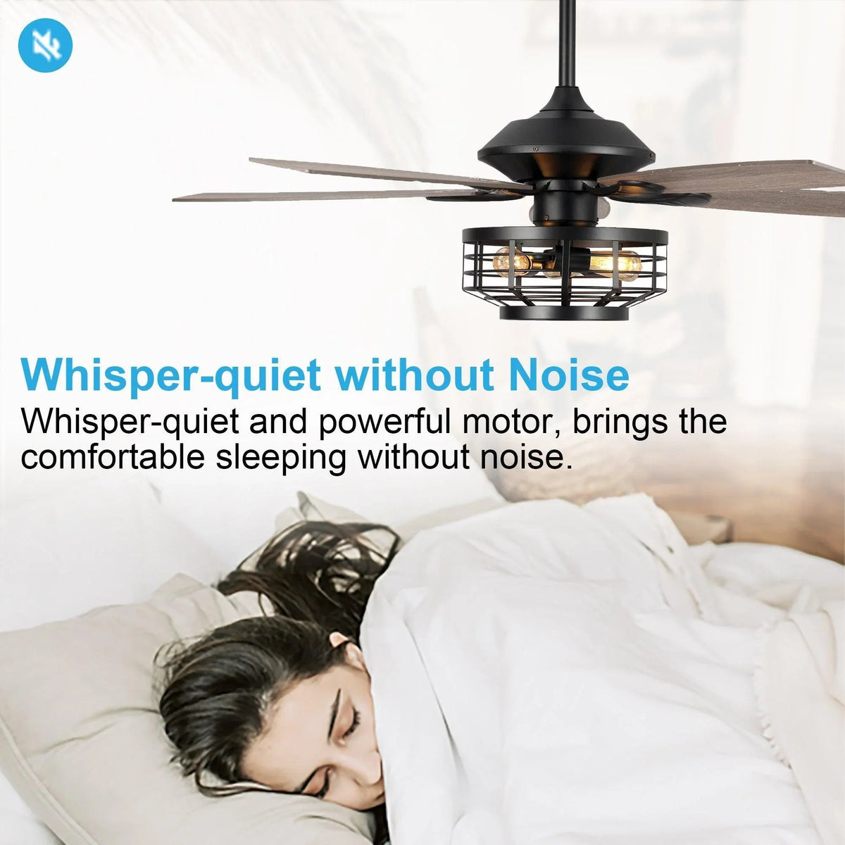 Black industrial ceiling fan with reversible wooden blades and integrated light fixture