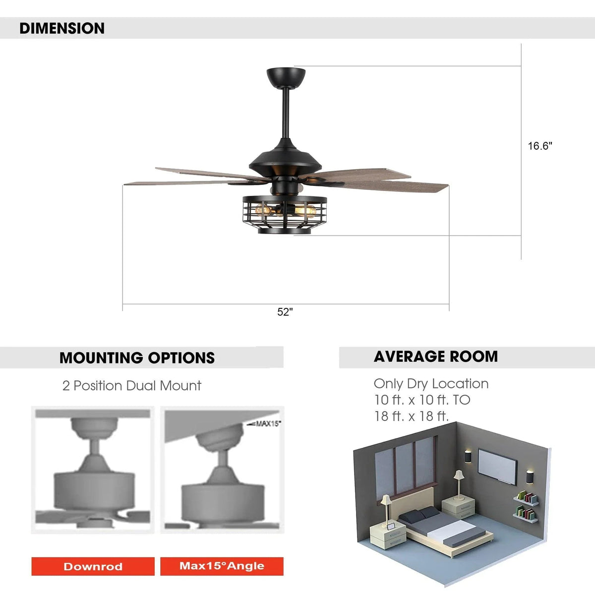 Black ceiling fan with light cage and reversible wooden blades