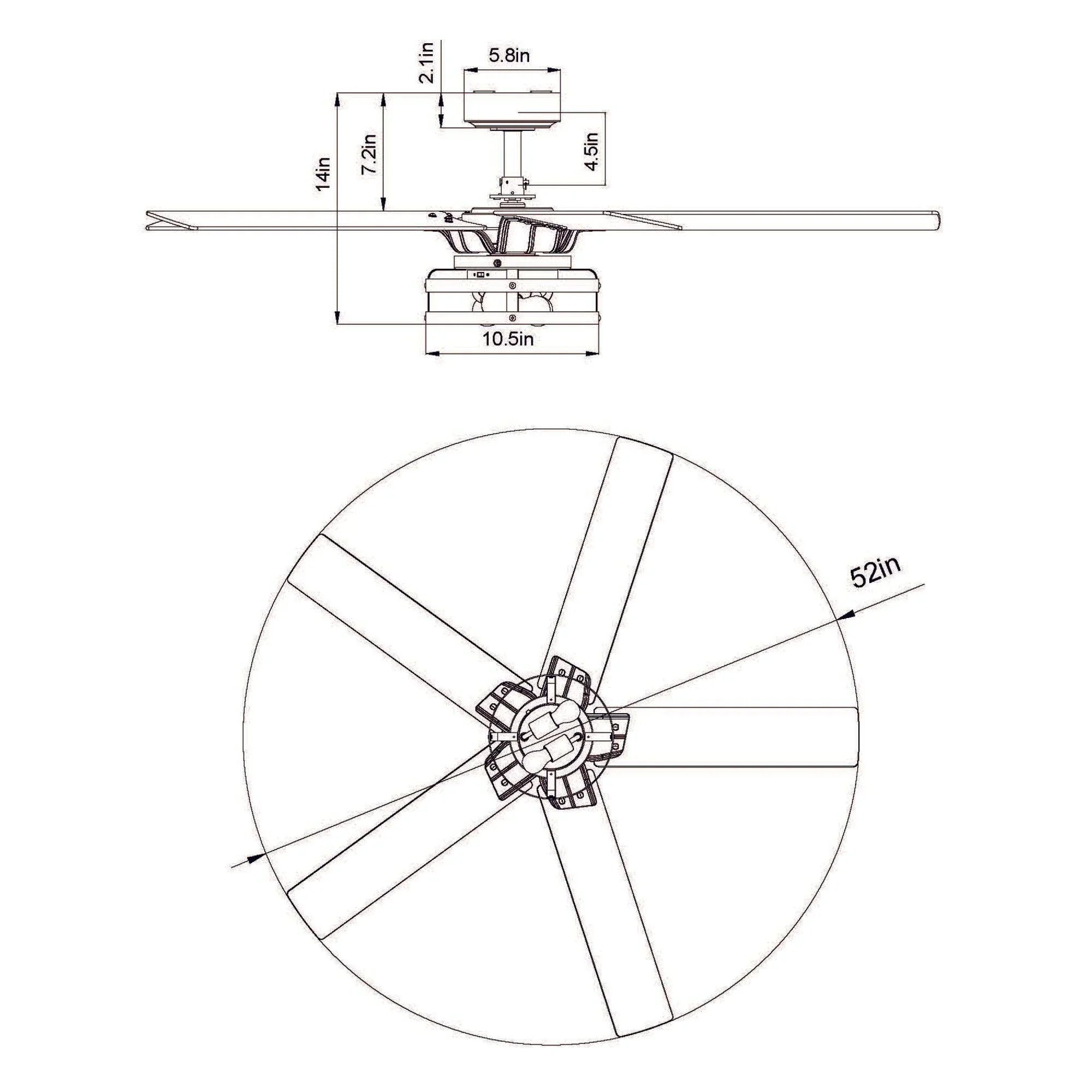 Ceiling fan size diagram showing 52 in blade span and downrod height