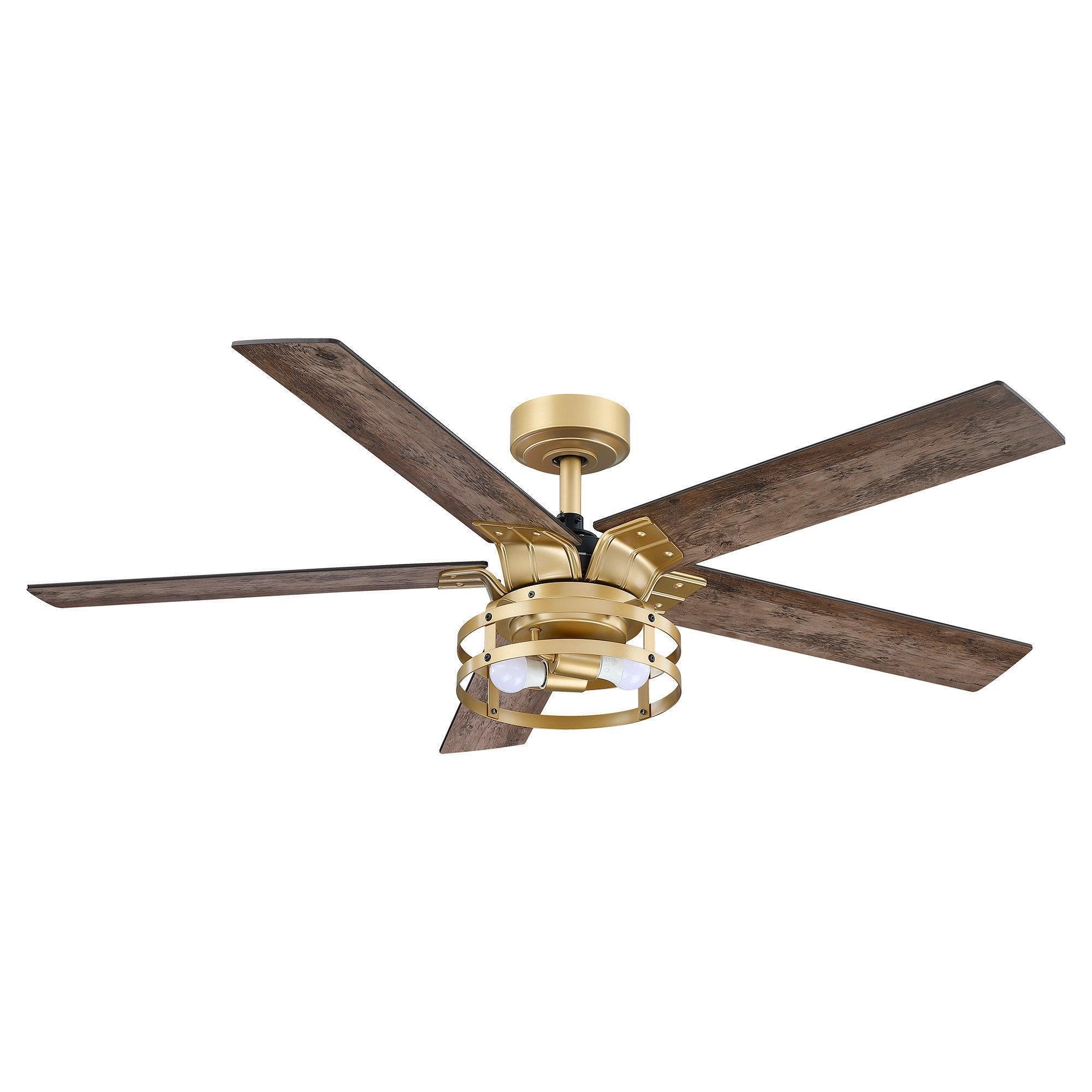 Industrial ceiling fan with light kit and four wood blades, downrod mount, brushed gold base.