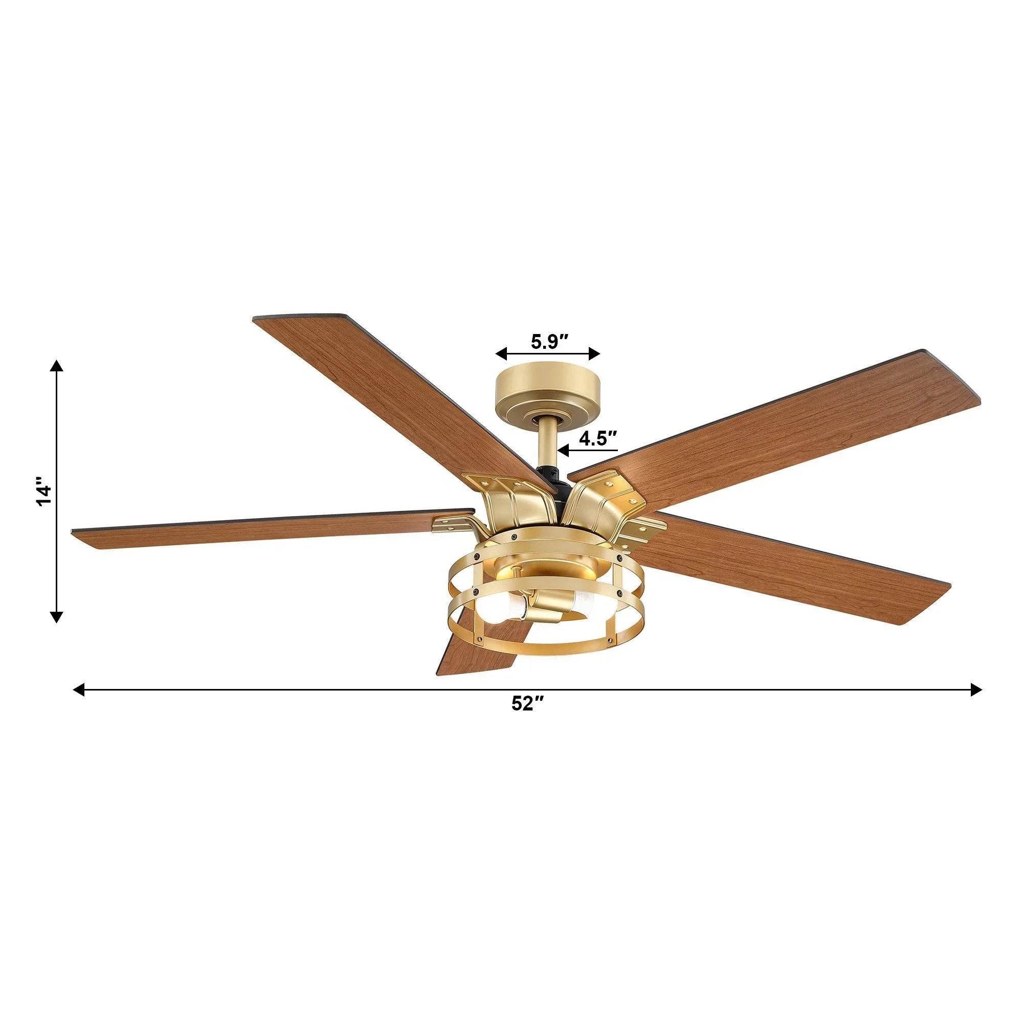 Ceiling fan with integrated light, warm wood blades and brass-toned housing