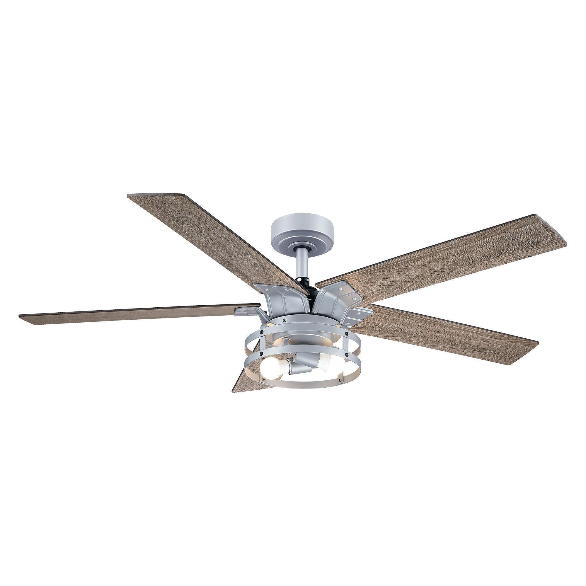 Reversible ceiling fan with integrated light, dark wood blades and silver housing