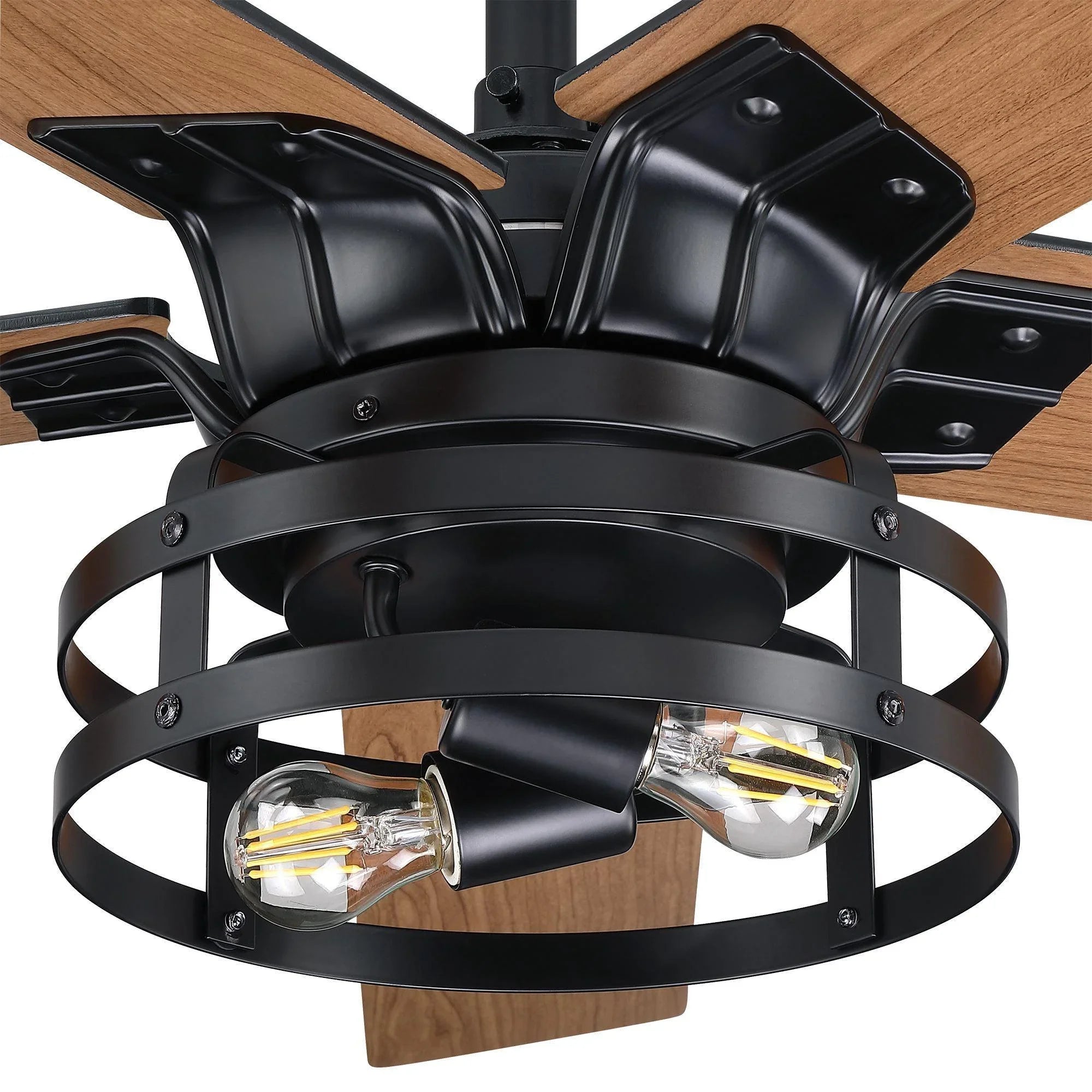 Black ceiling fan caged lights with wood blades and metal blade bracket