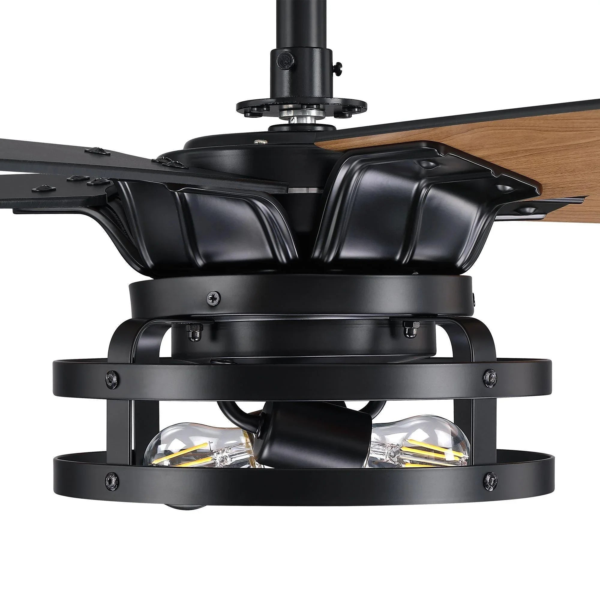 Black ceiling fan with caged lights and angled wood blades, close view