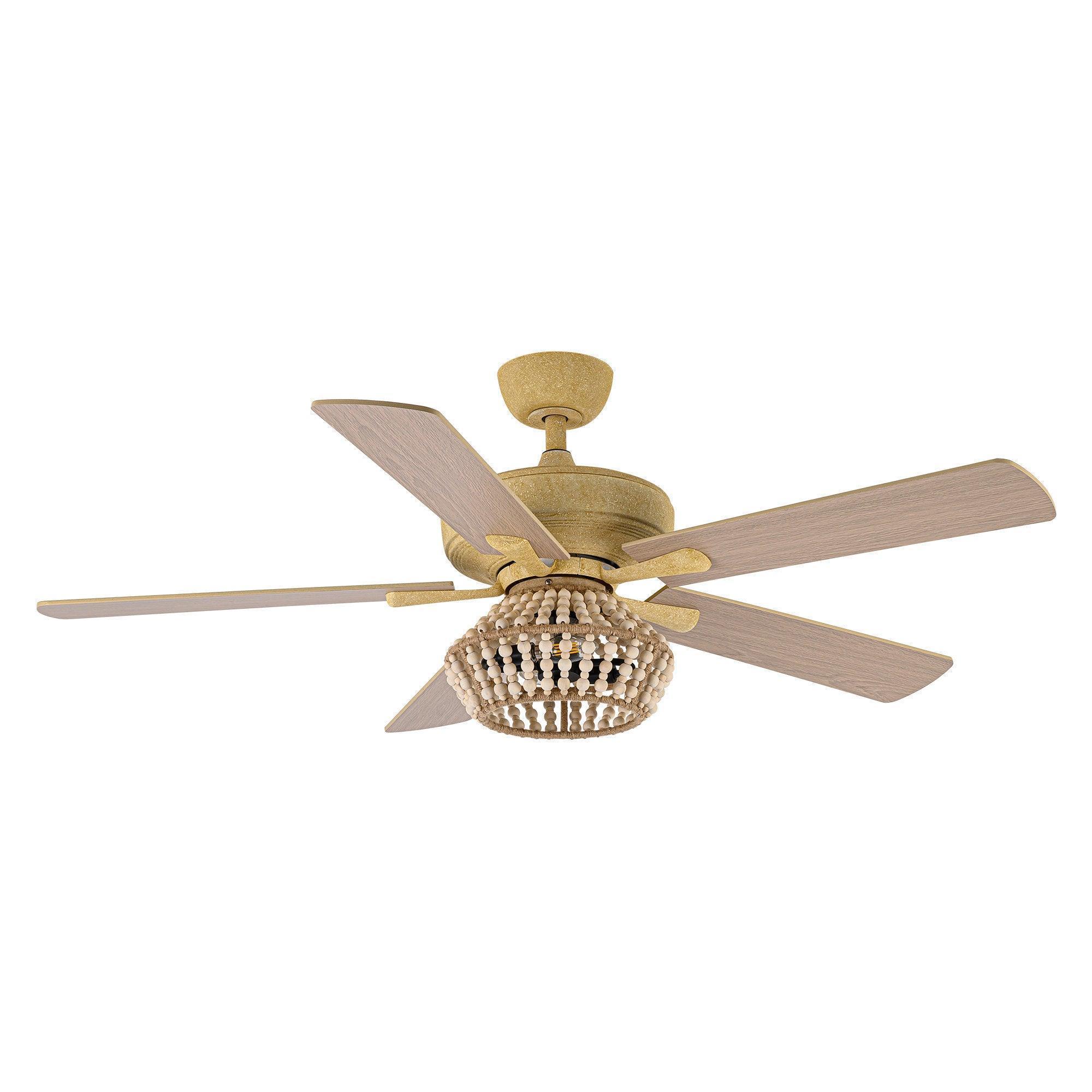 Golden farmhouse ceiling fan with five wood blades and decorative globe light