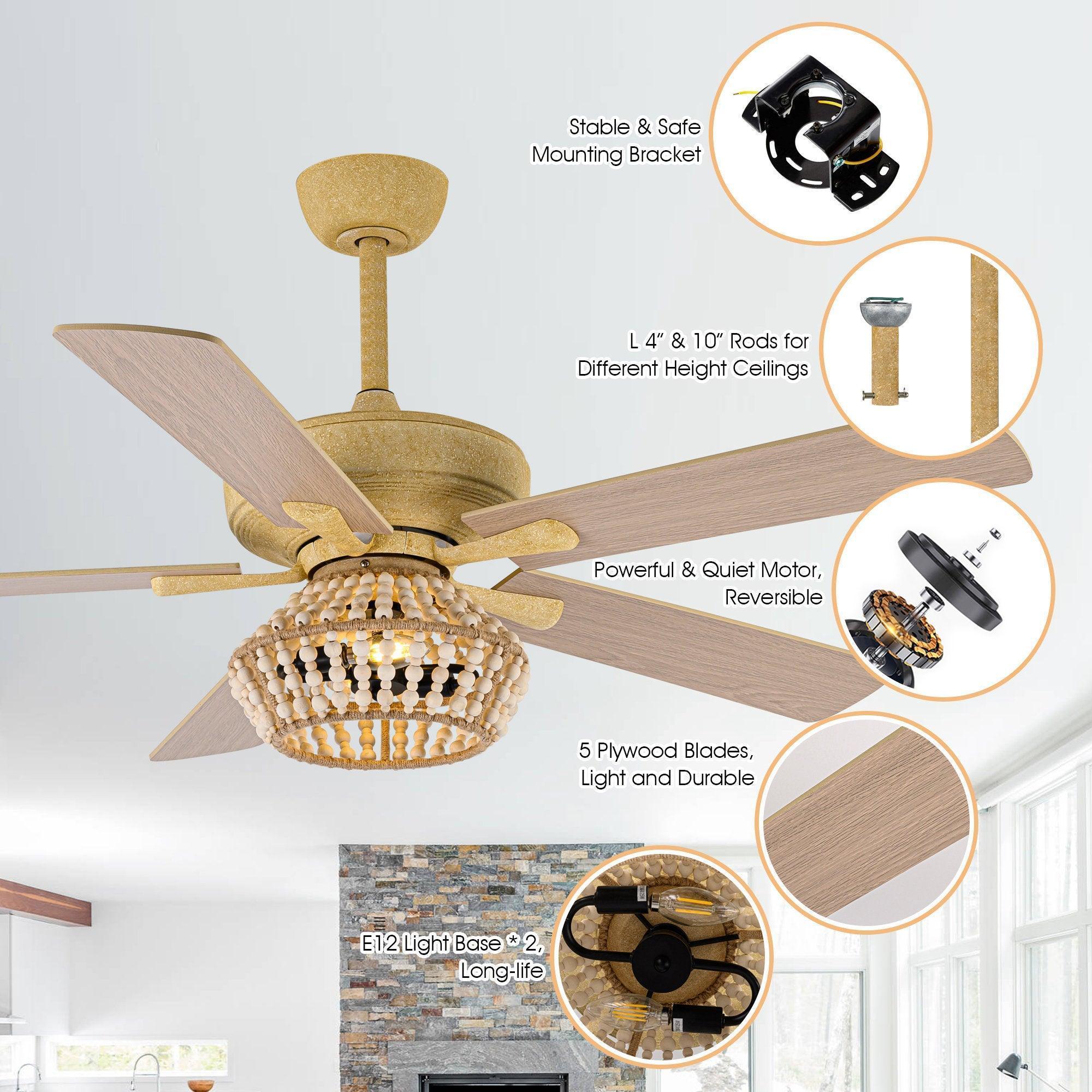 Golden farmhouse ceiling fan with reversible light and 5 wood blades