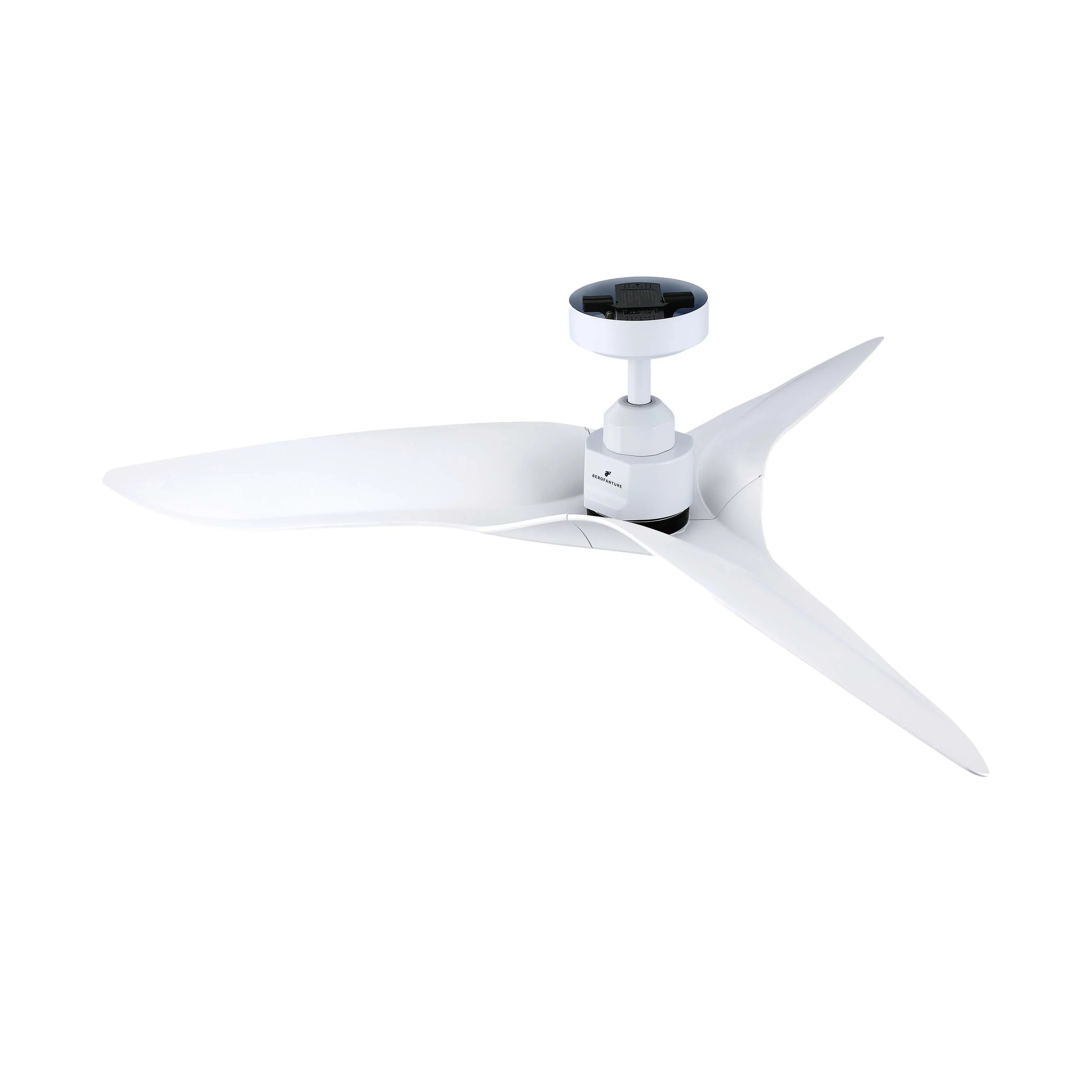 White ceiling fan with five blades and central motor base on downrod mount