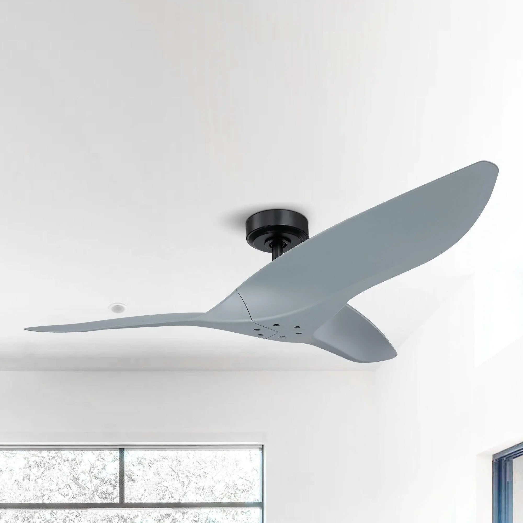 Silver ceiling fan mounted on ceiling with black motor housing and three blades