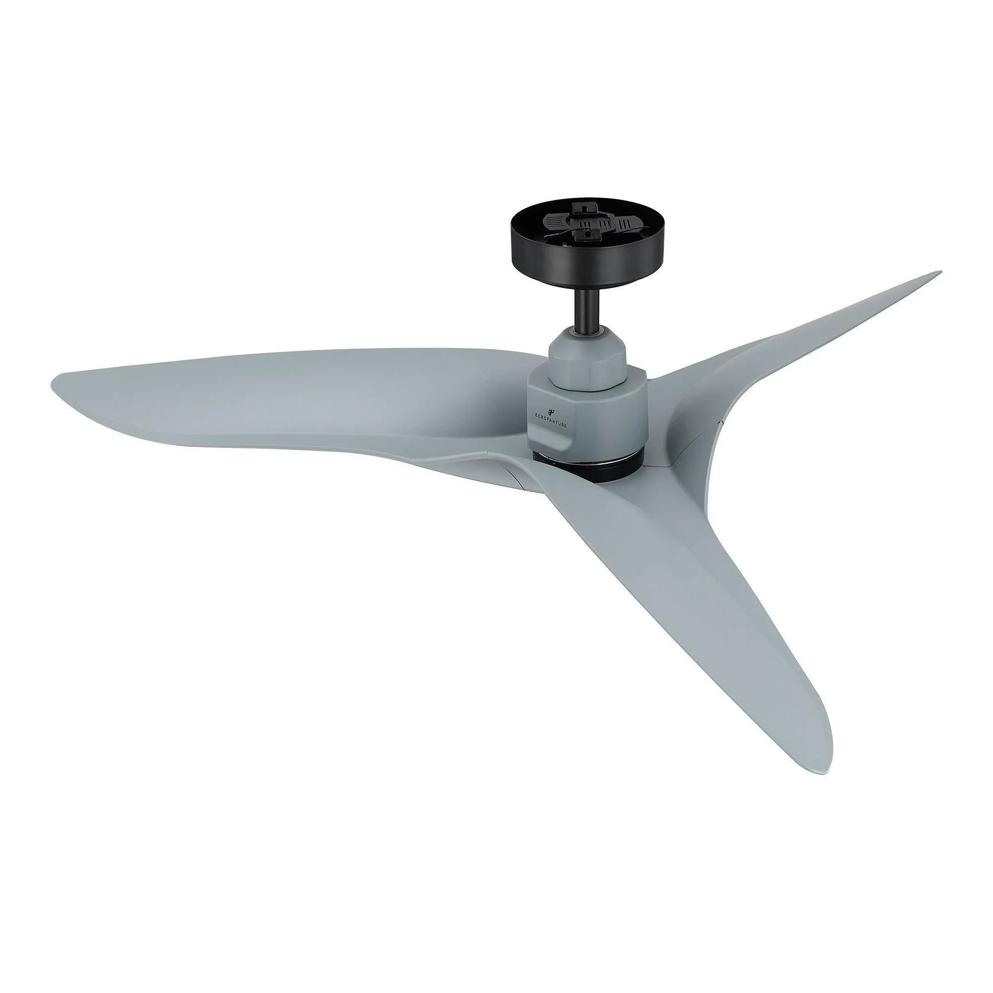 Silver ceiling fan with black mounting cap and central DC motor housing