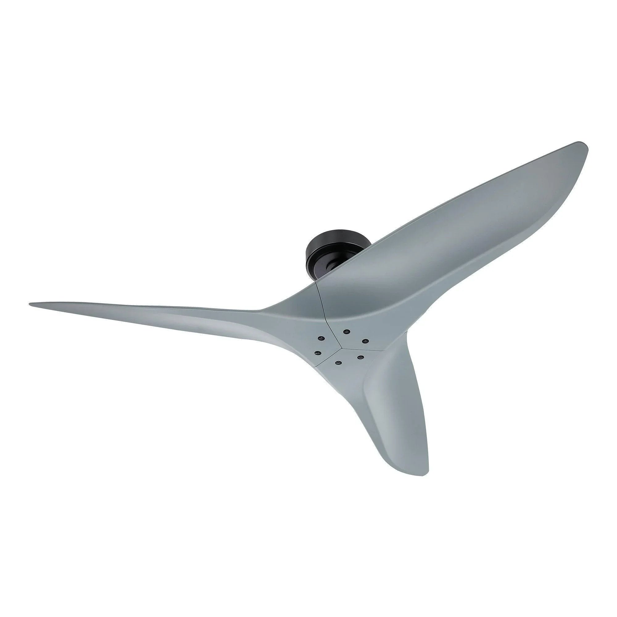 Angle view of silver ceiling fan blades with black top mount and hub holes