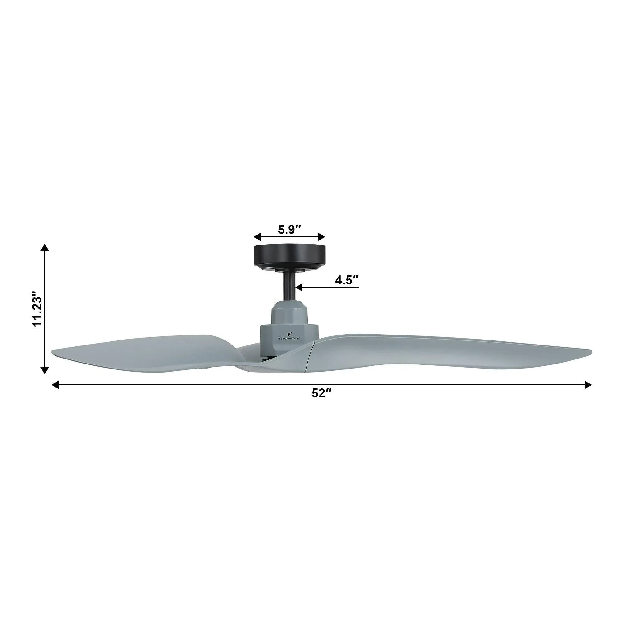Ceiling fan with DC motor downrod mount, size diagram with blade span dimensions