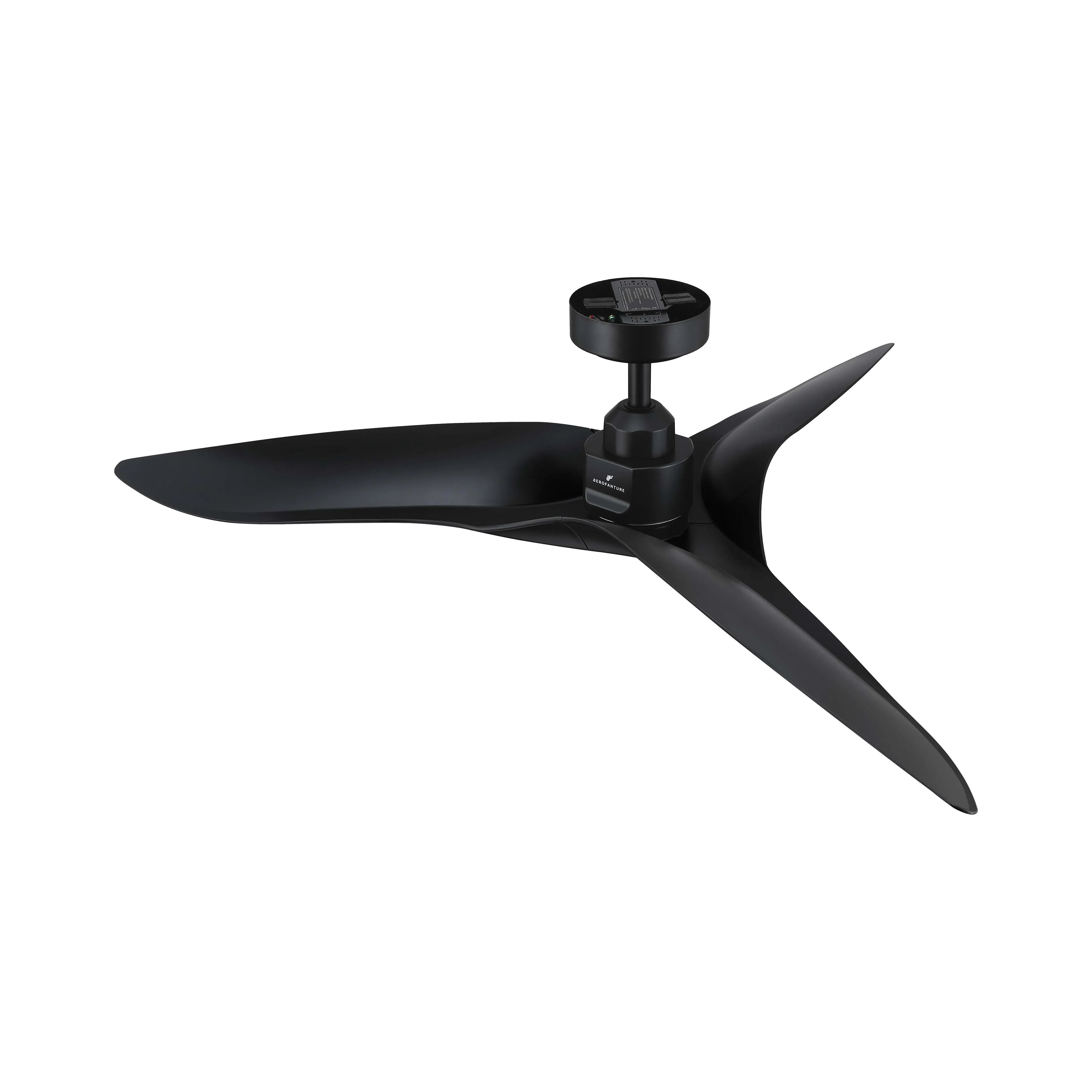 Black ceiling fan with five blades and central motor housing on downrod