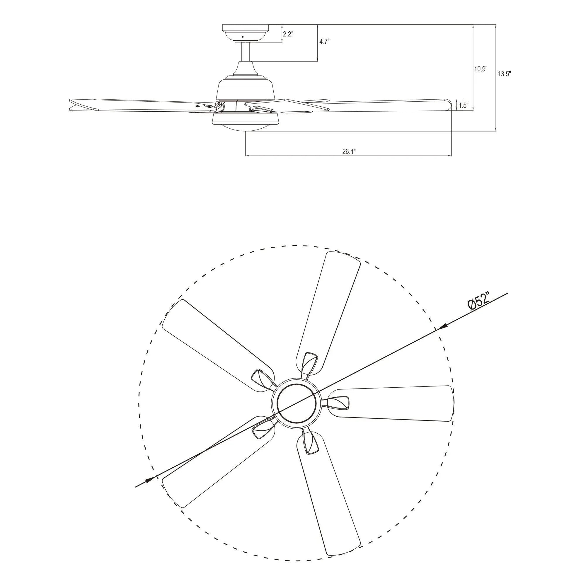 Ceiling fan dimension diagram with central motor housing and five-blade layout