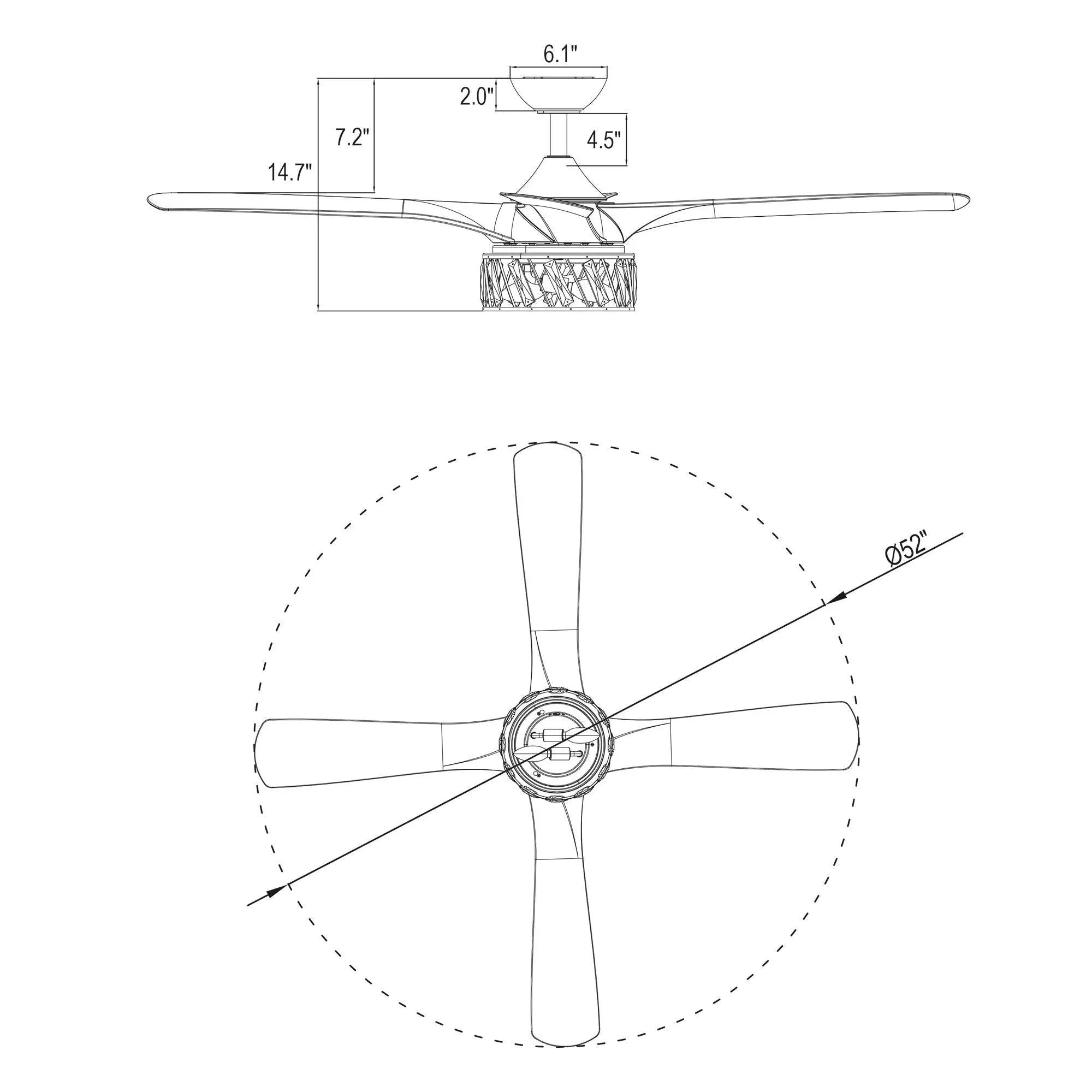 Ceiling fan size and blade layout diagram with central motor housing