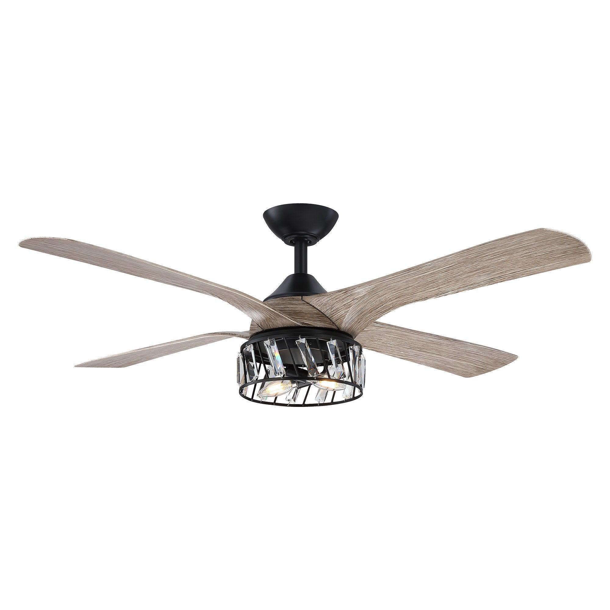 Ceiling fan with black mount, five wood blades, and crystal-style glass light fixture