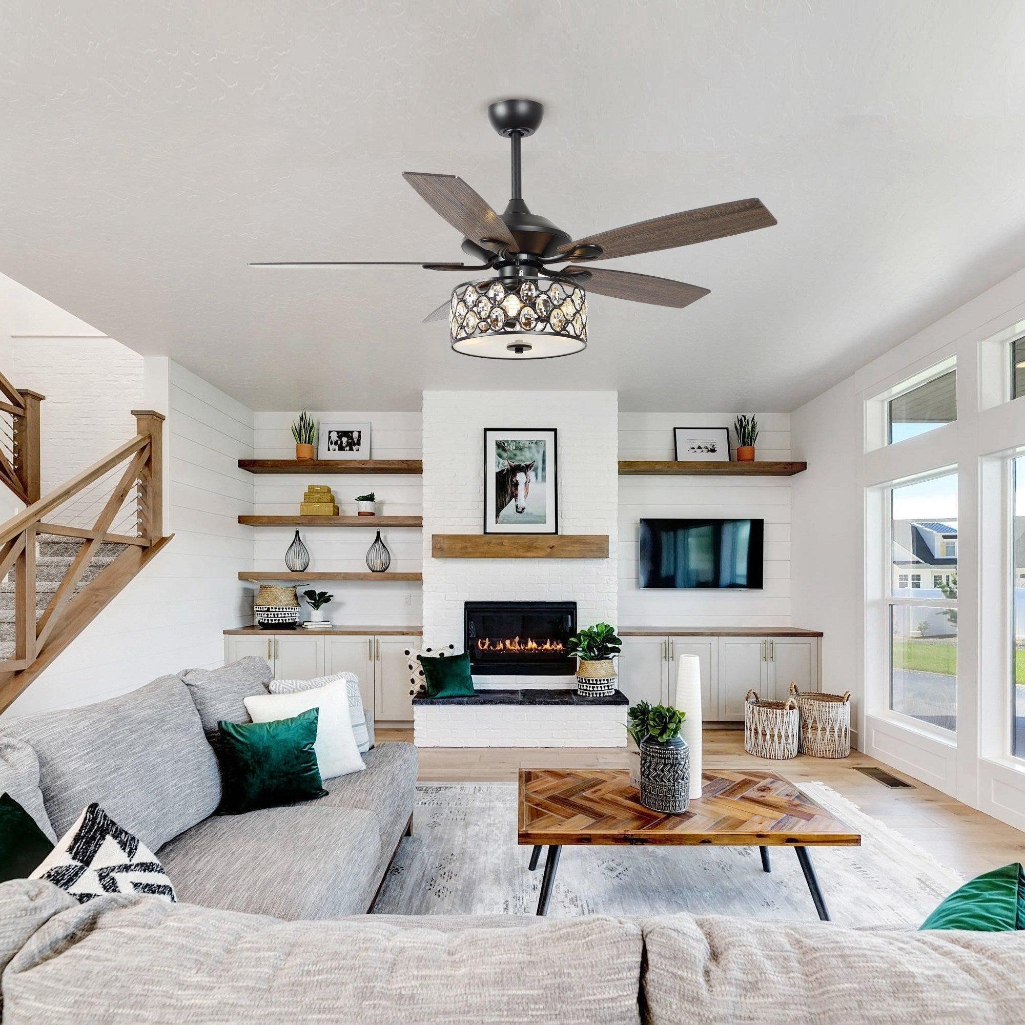 Ceiling fan with dark wood blades and crystal glass light in living room