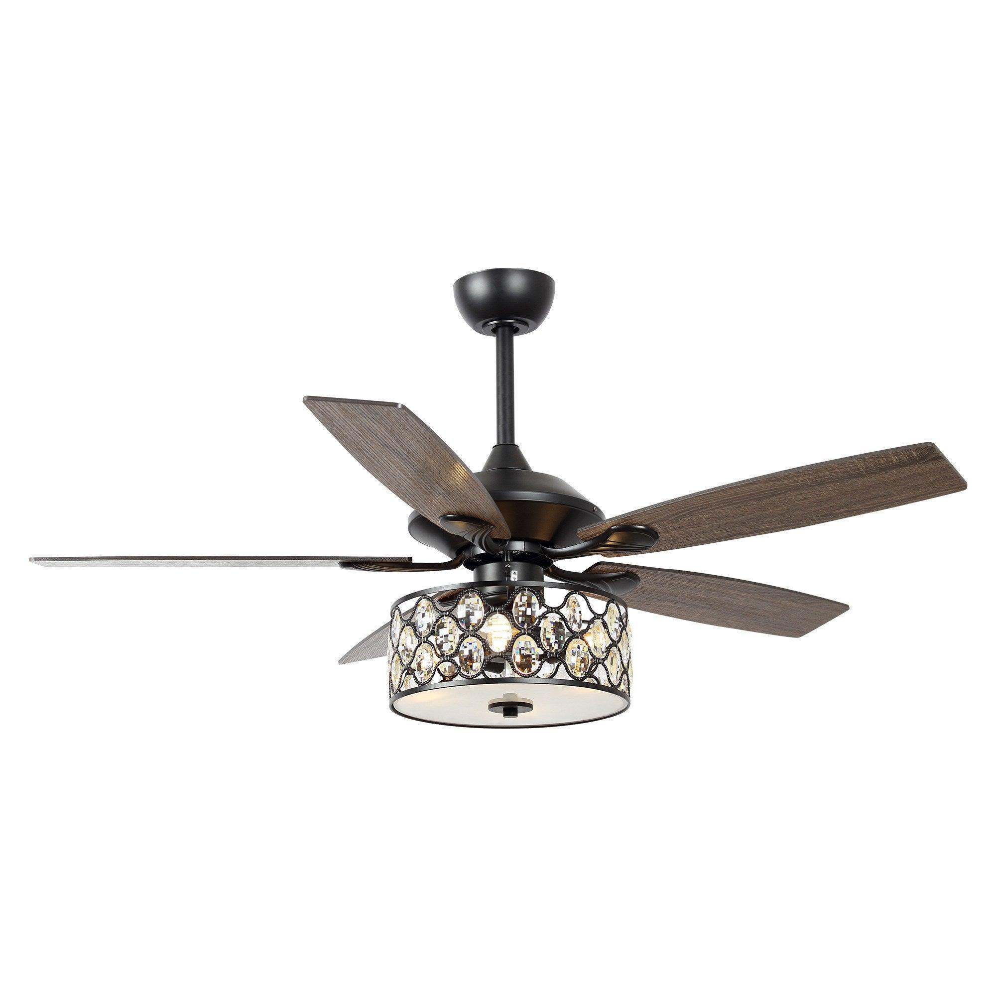 Black 52-inch ceiling fan with wood-finish blades and crystal glass light fixture