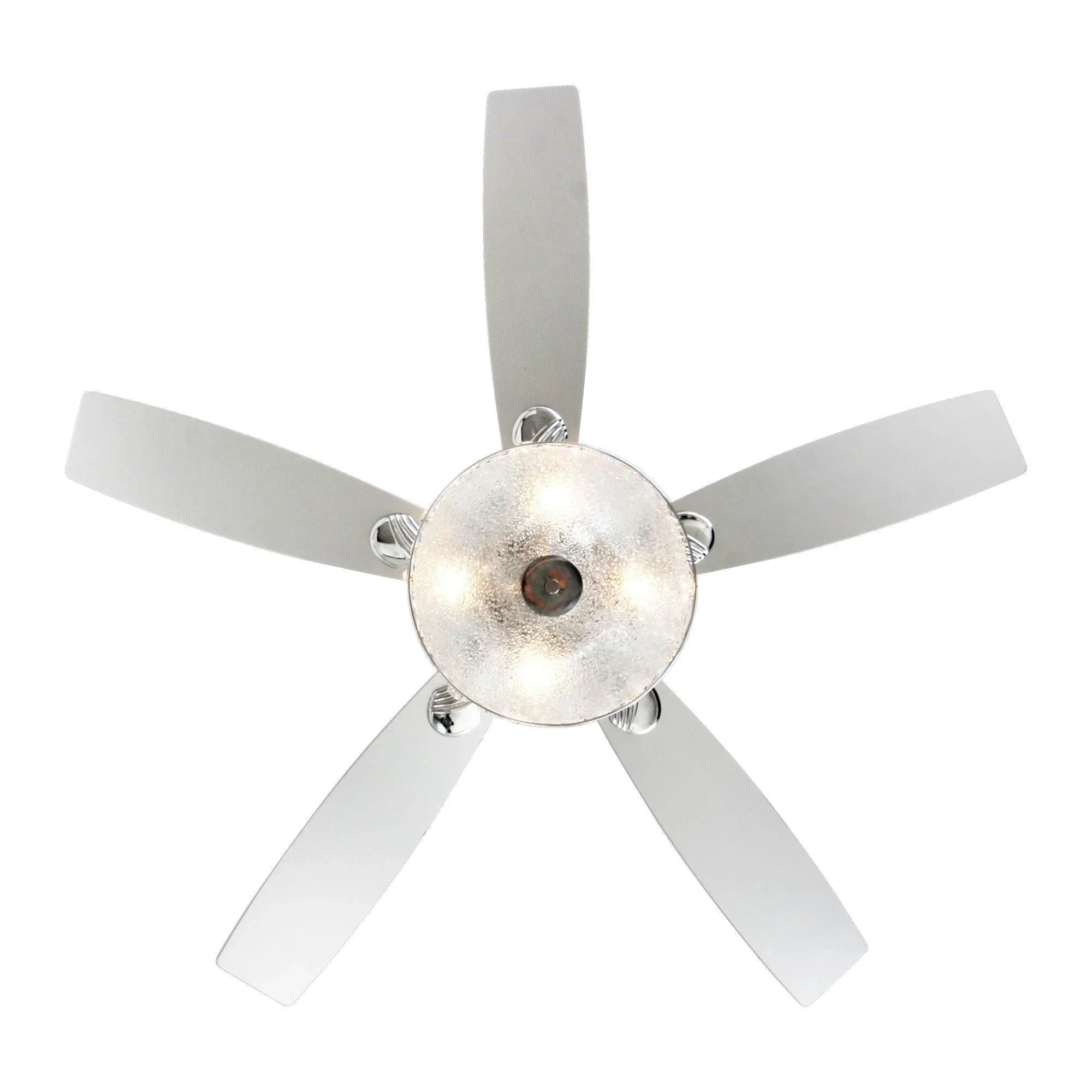 Ceiling fan with five silver blades and a round center motor housing