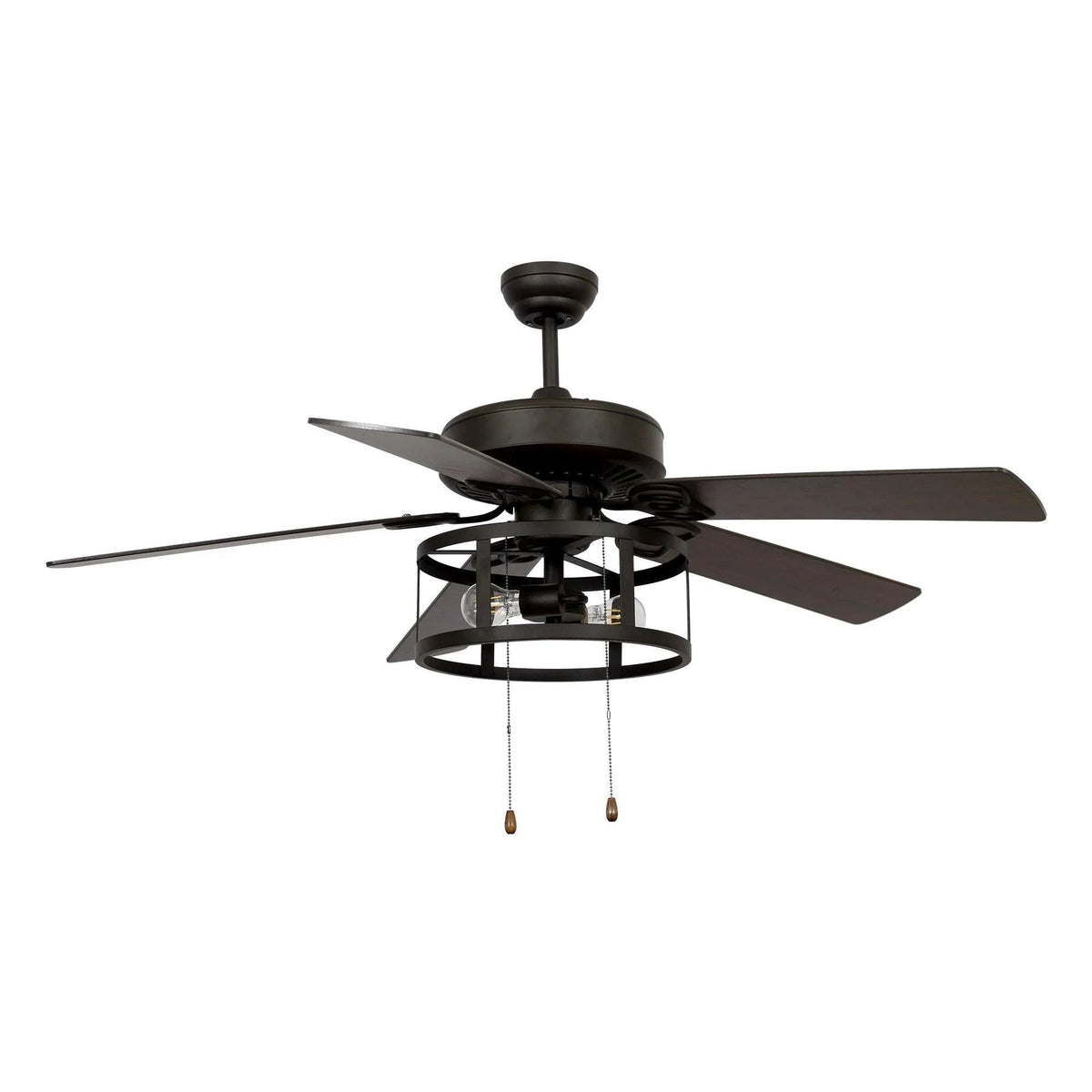 Black industrial ceiling fan with lantern light kit, five dark blades, pull chains