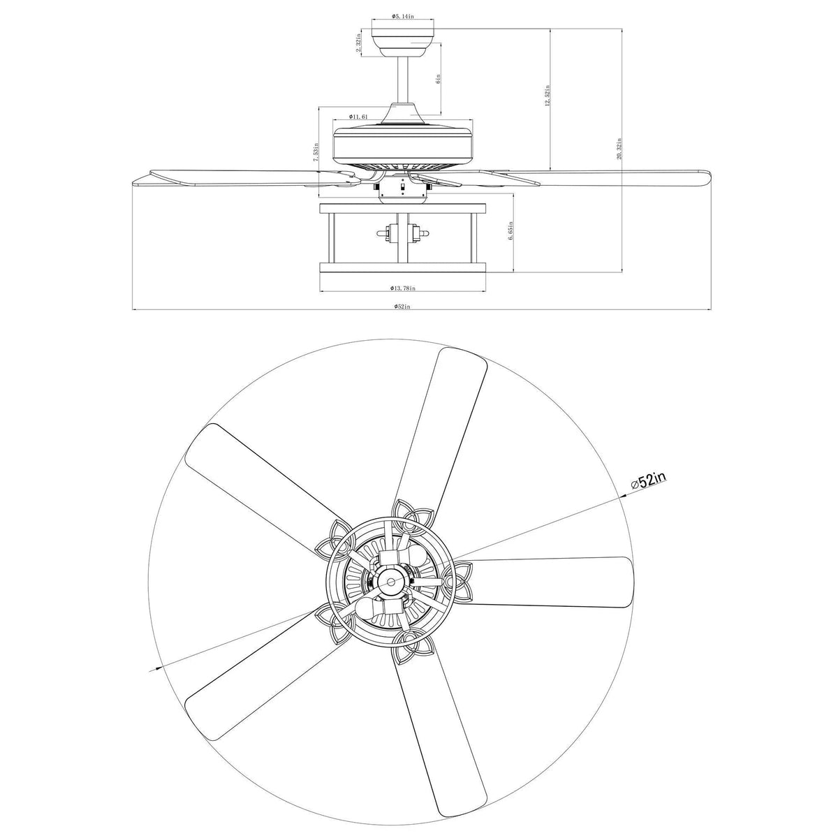 Ceiling fan technical diagram showing 52 in blade span and downrod mounting parts
