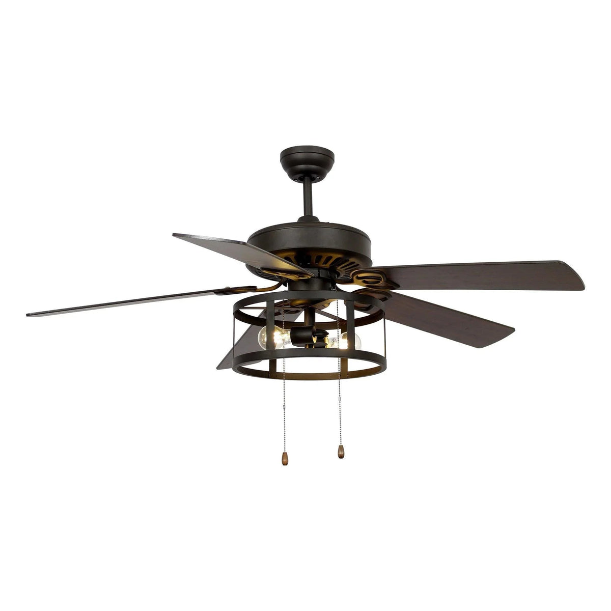Black ceiling fan with lantern-style light kit, five blades, pull chains; gold accents visible