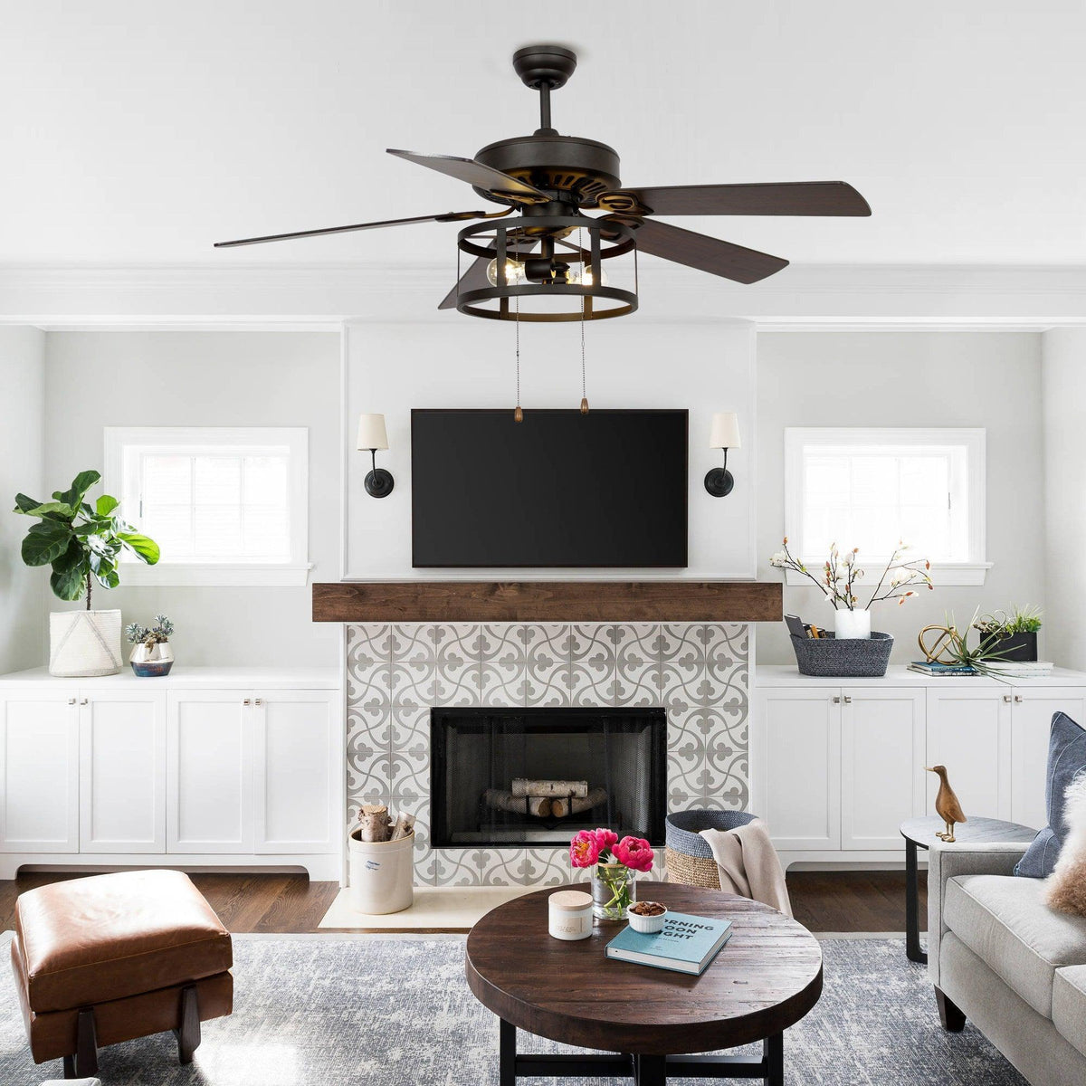 Black industrial ceiling fan with lantern light kit, five reversible blades, pull chains