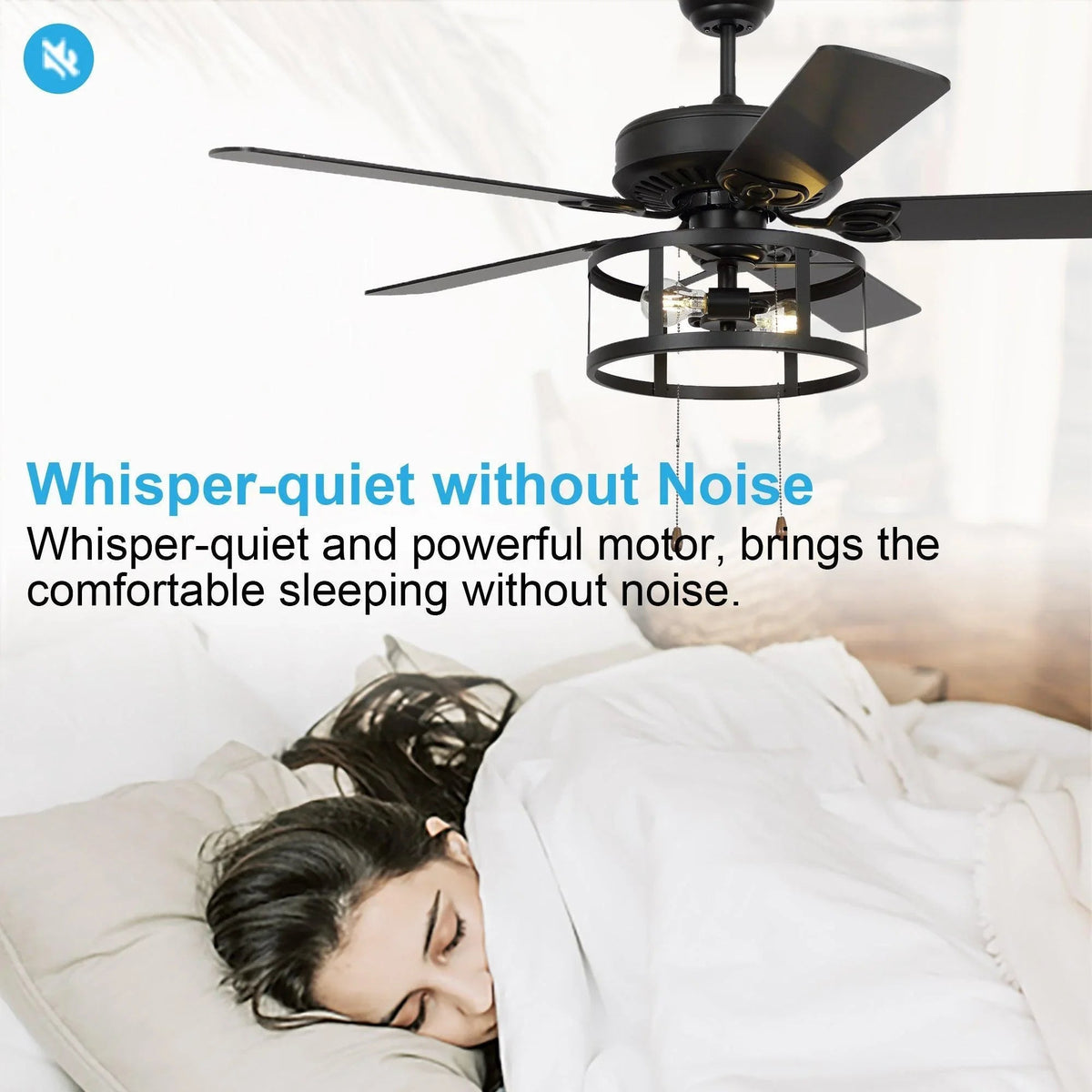 Black ceiling fan with lantern light kit and reversible blades, pull chain pulls visible