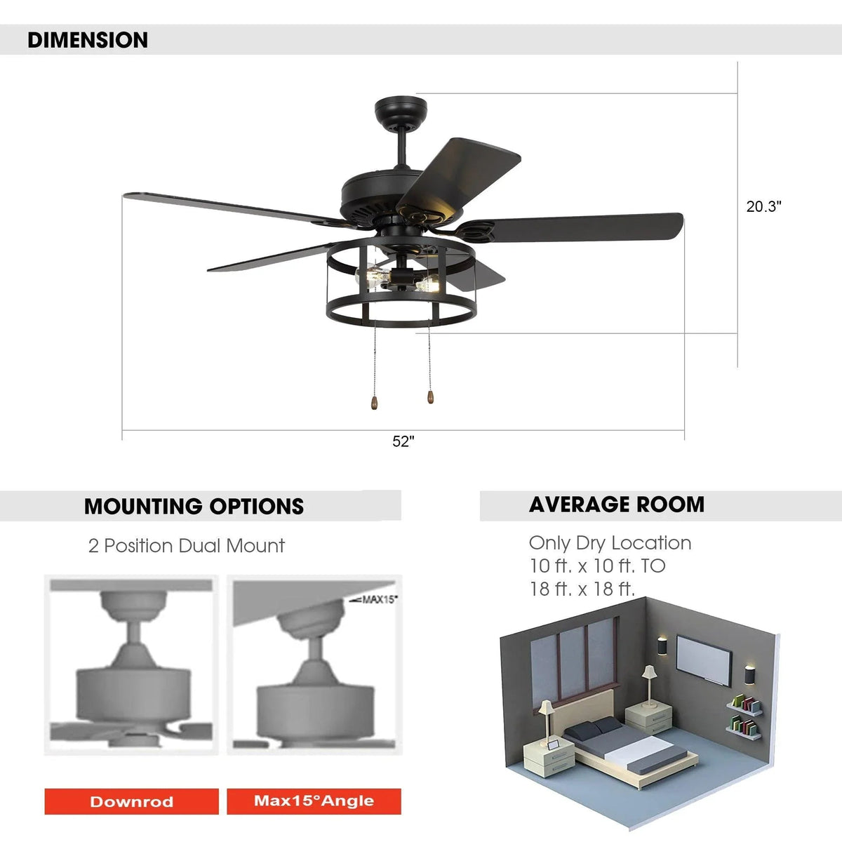 Ceiling fan size diagram showing 52 in width and 20.3 in height, mounting options