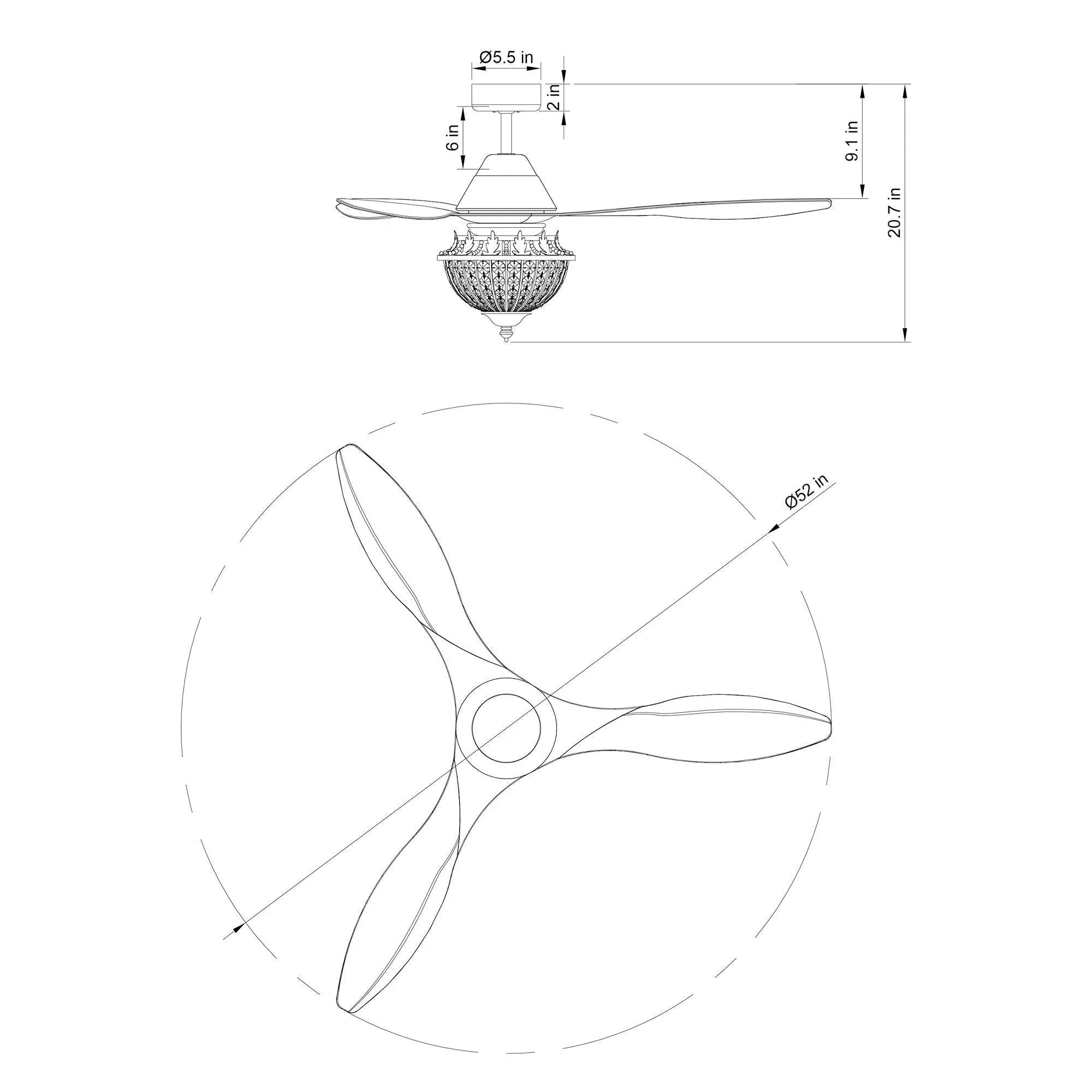 52-inch ceiling fan schematic showing blade layout and downrod height dimensions