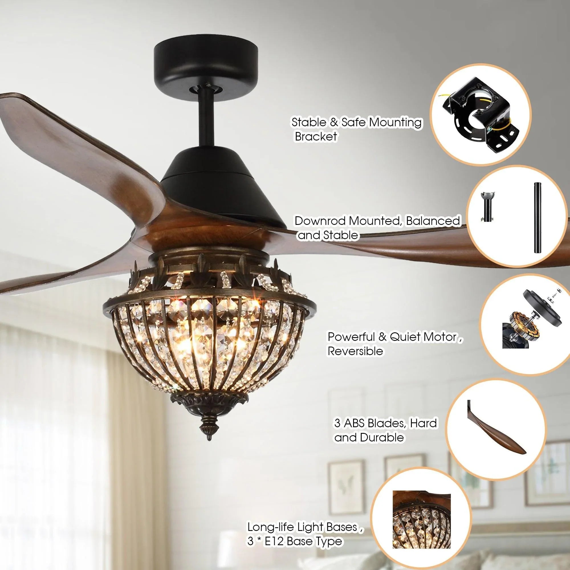 Black ceiling fan with brown blades and crystal glass light on a downrod mount