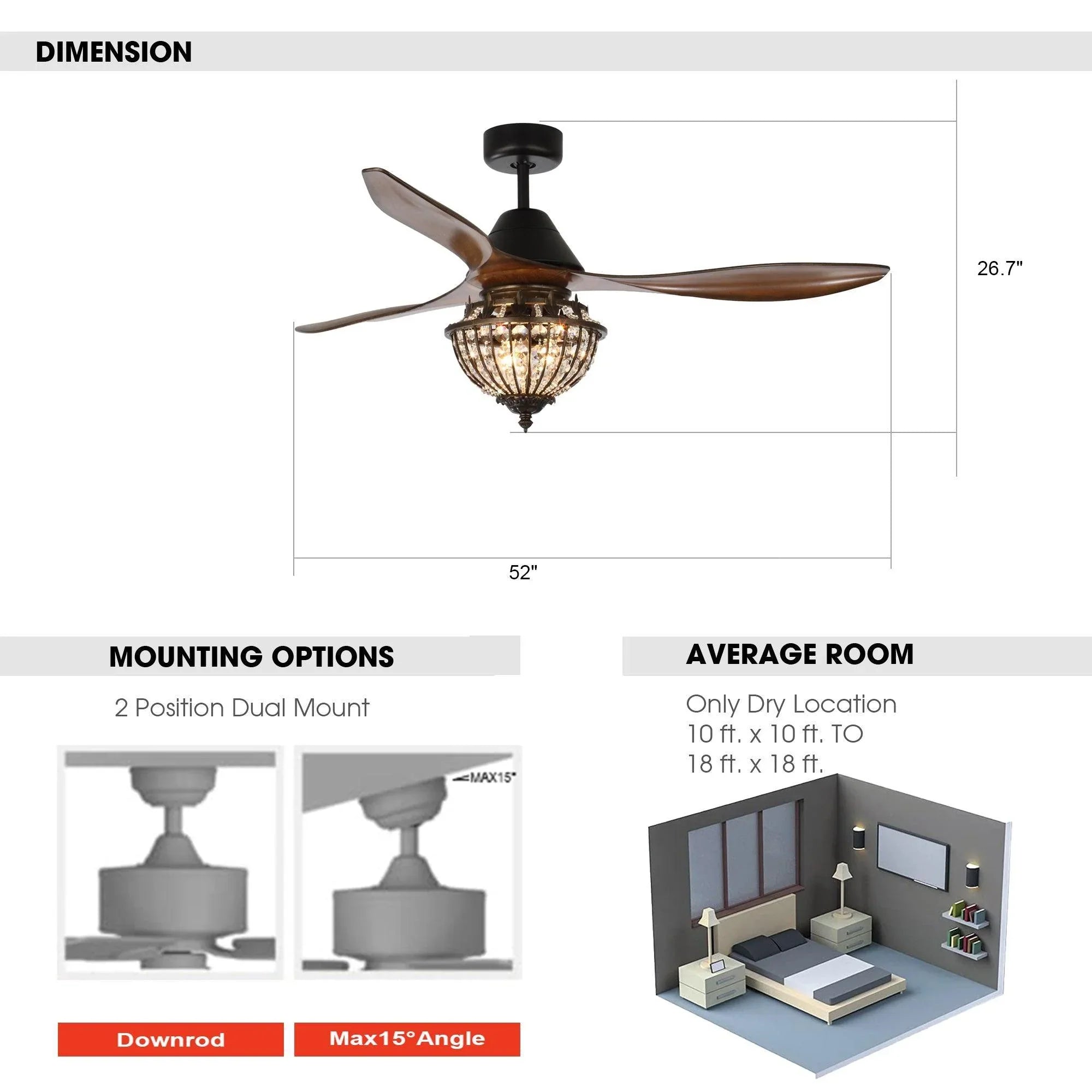 Ceiling fan dimension chart with 52-inch blade span and mounting options diagram