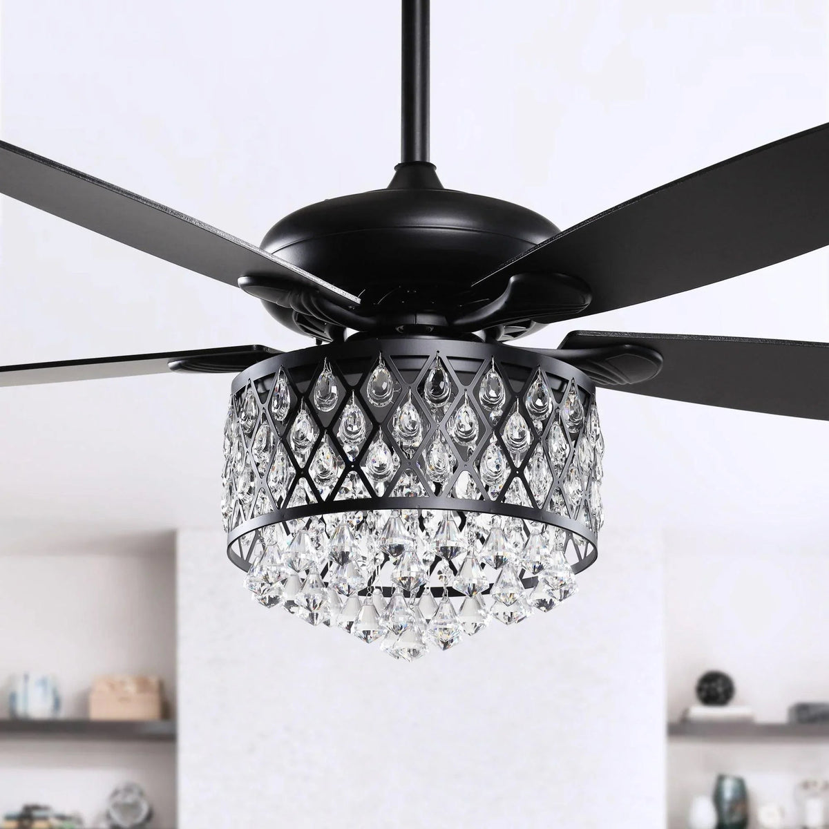 Black ceiling fan with crystal chandelier light shade and dark motor housing