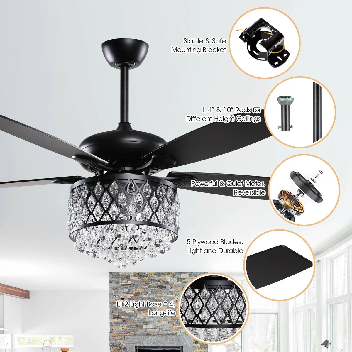Black ceiling fan with crystal light, stable mounting bracket and reversible motor icons