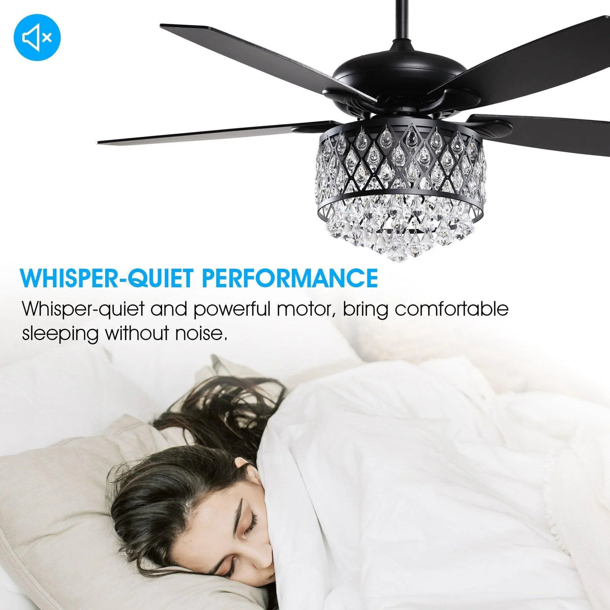 Black crystal ceiling fan with five blades and chandelier light, mounted above bed