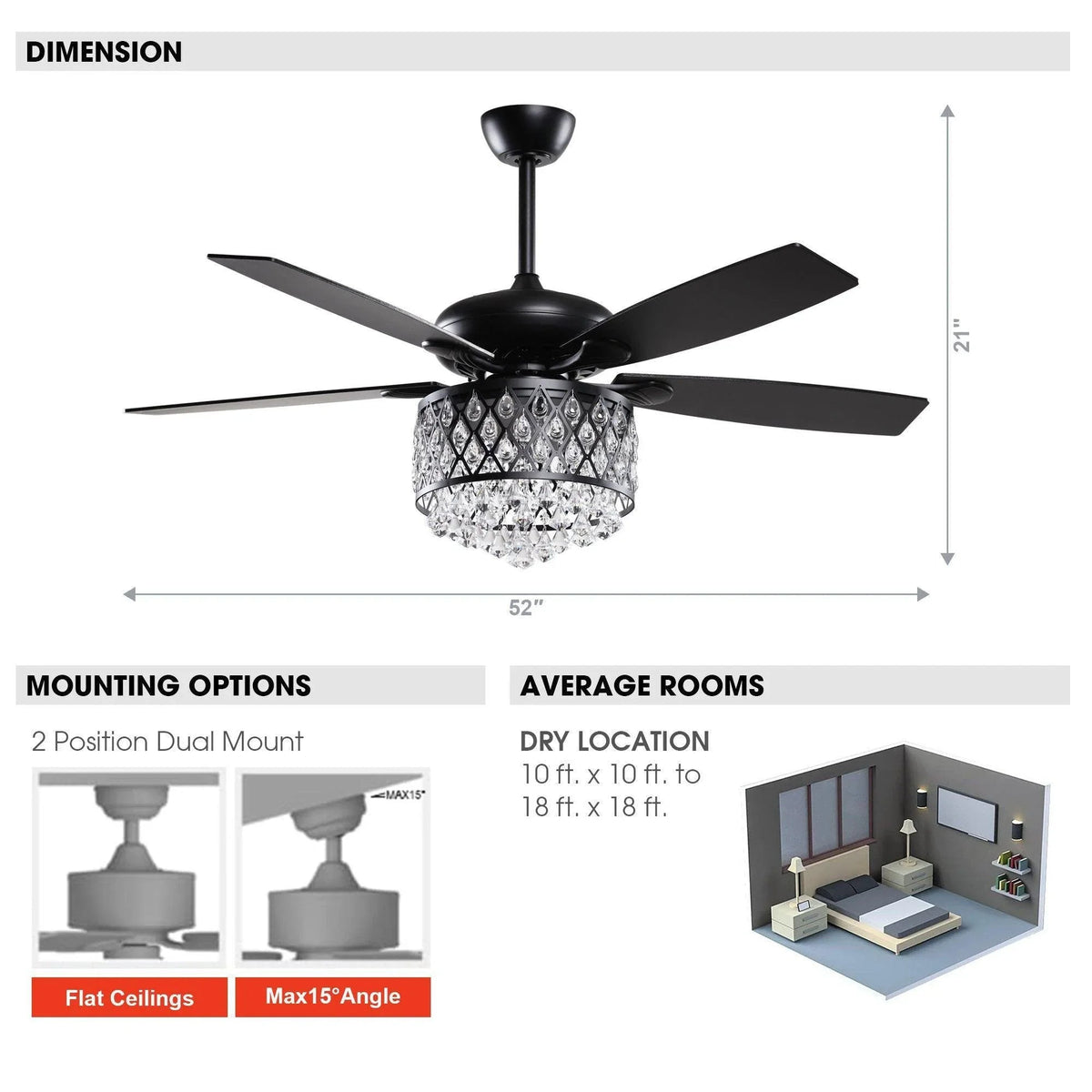 Black crystal ceiling fan with five blades and 52-inch size dimension graphic