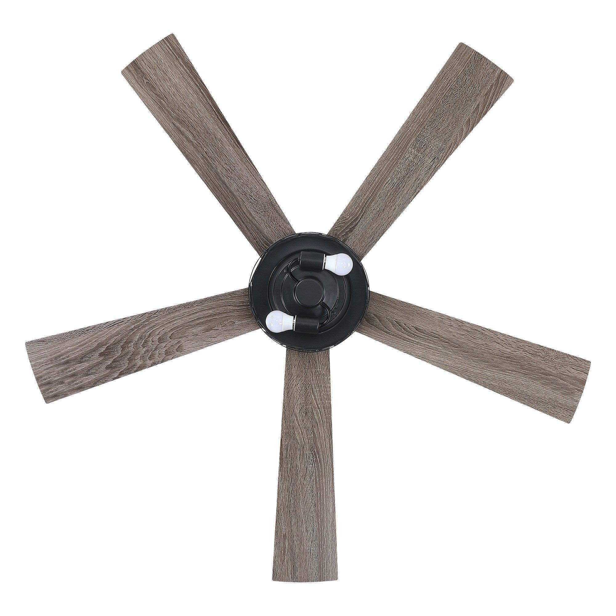 Reversible wood-blade ceiling fan with black center hub and five-blade cross