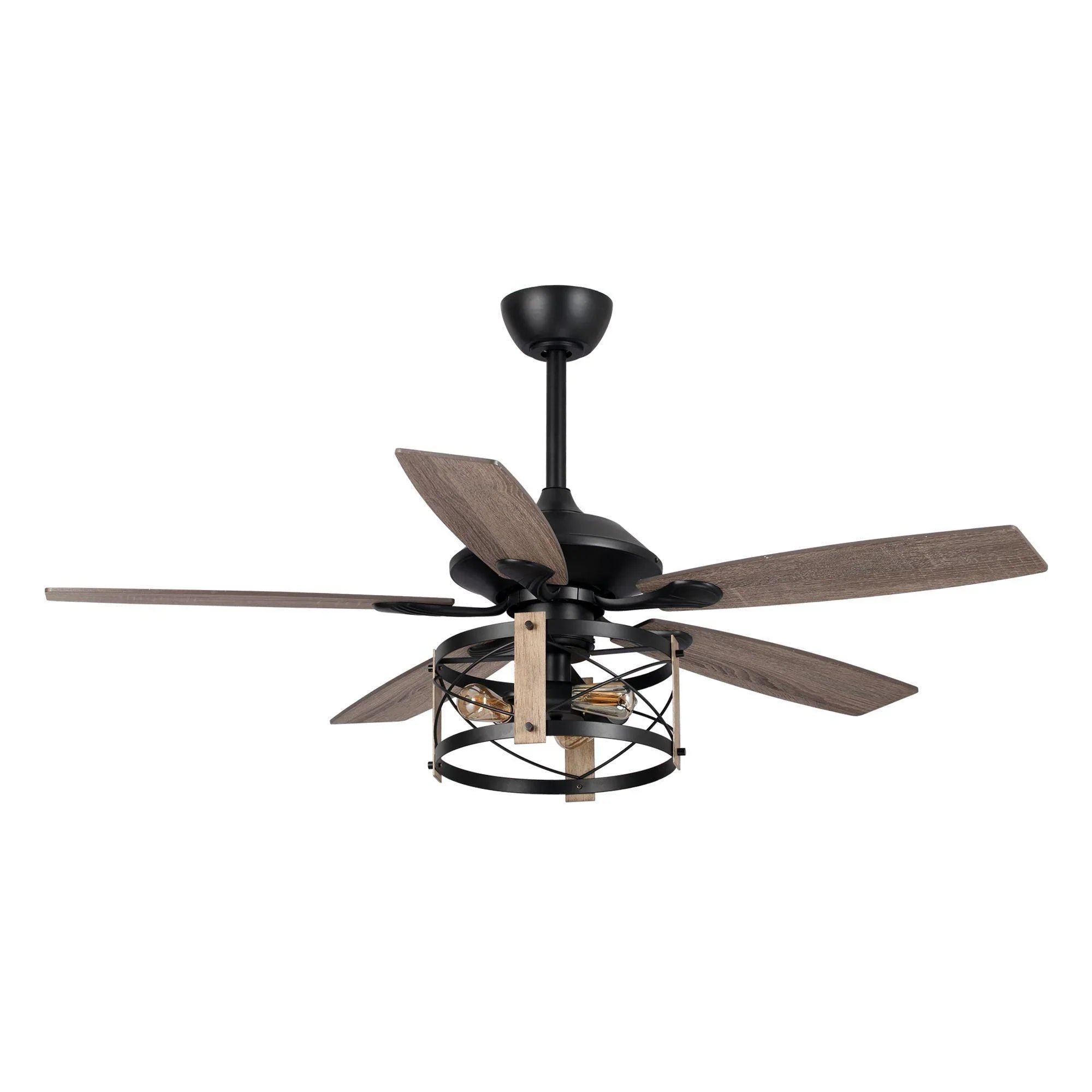 Black industrial ceiling fan with 5 reversible blades and enclosed light fixture cage