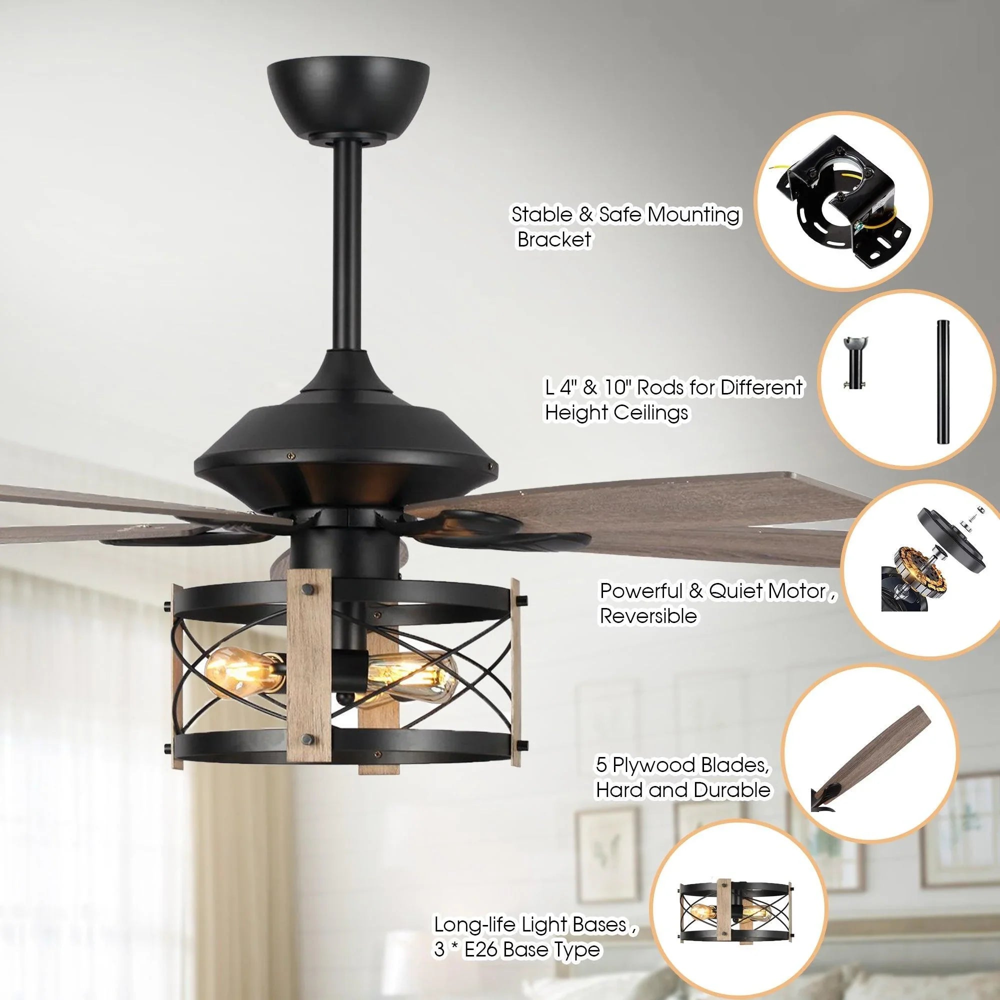 Black ceiling fan with light cage, wood-grain blades, and downward downrod mount