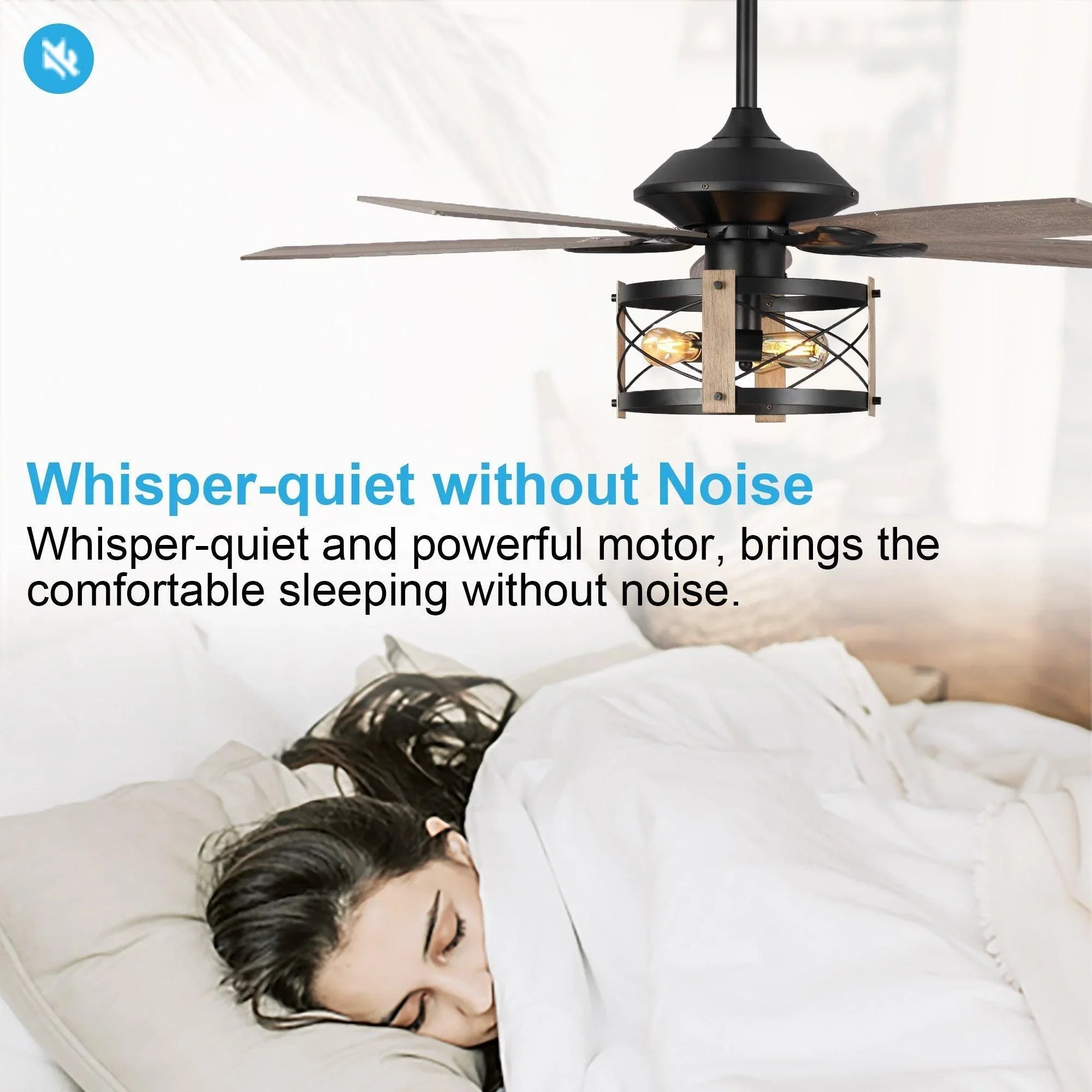Black ceiling fan with enclosed light kit and wood-grain reversible blades
