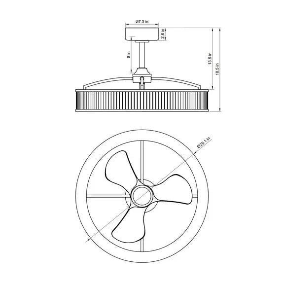 Golden ceiling fan chandelier technical line drawing with central motor and four-blade fan
