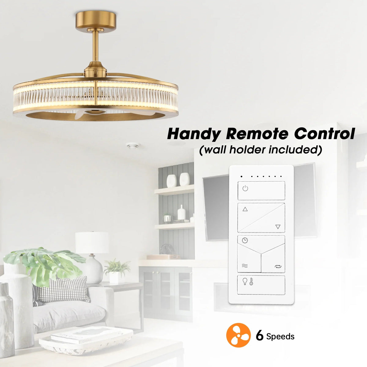 Golden ceiling fan chandelier with remote control wall holder and six-speed icon