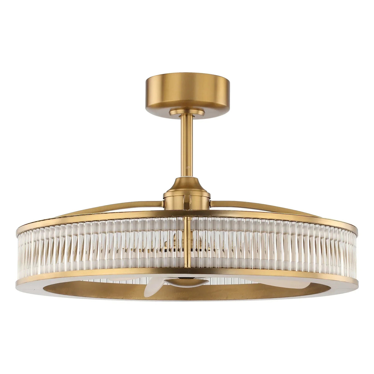 Golden ceiling fan chandelier with frosted vertical glass shade and three blades