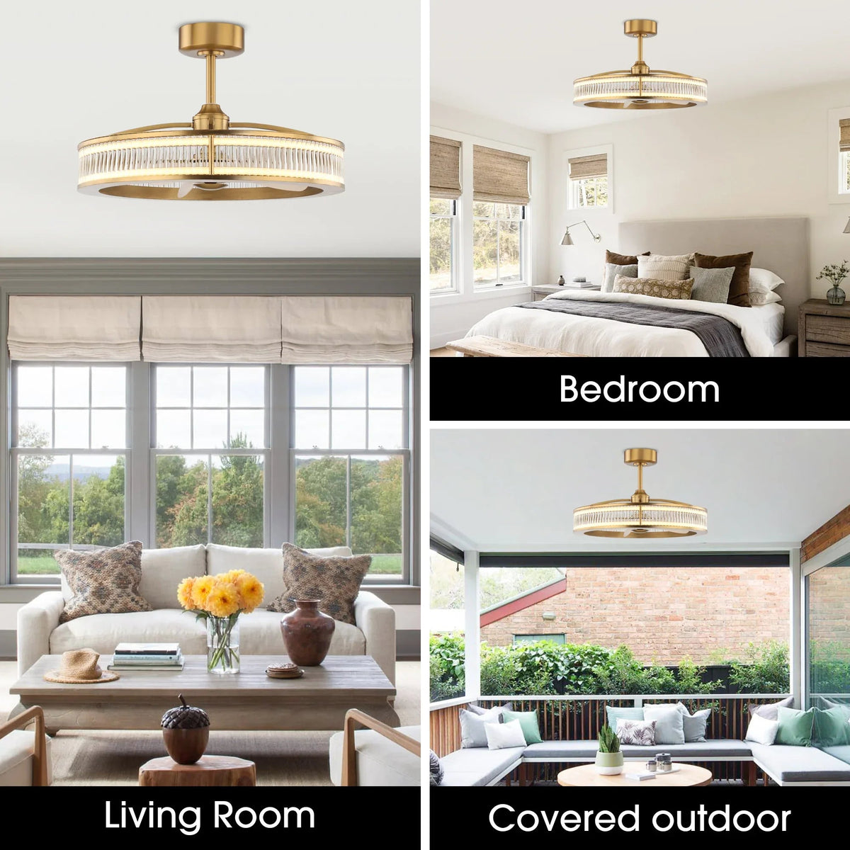 Golden ceiling fan chandelier installed in room, bedroom, and covered outdoor settings