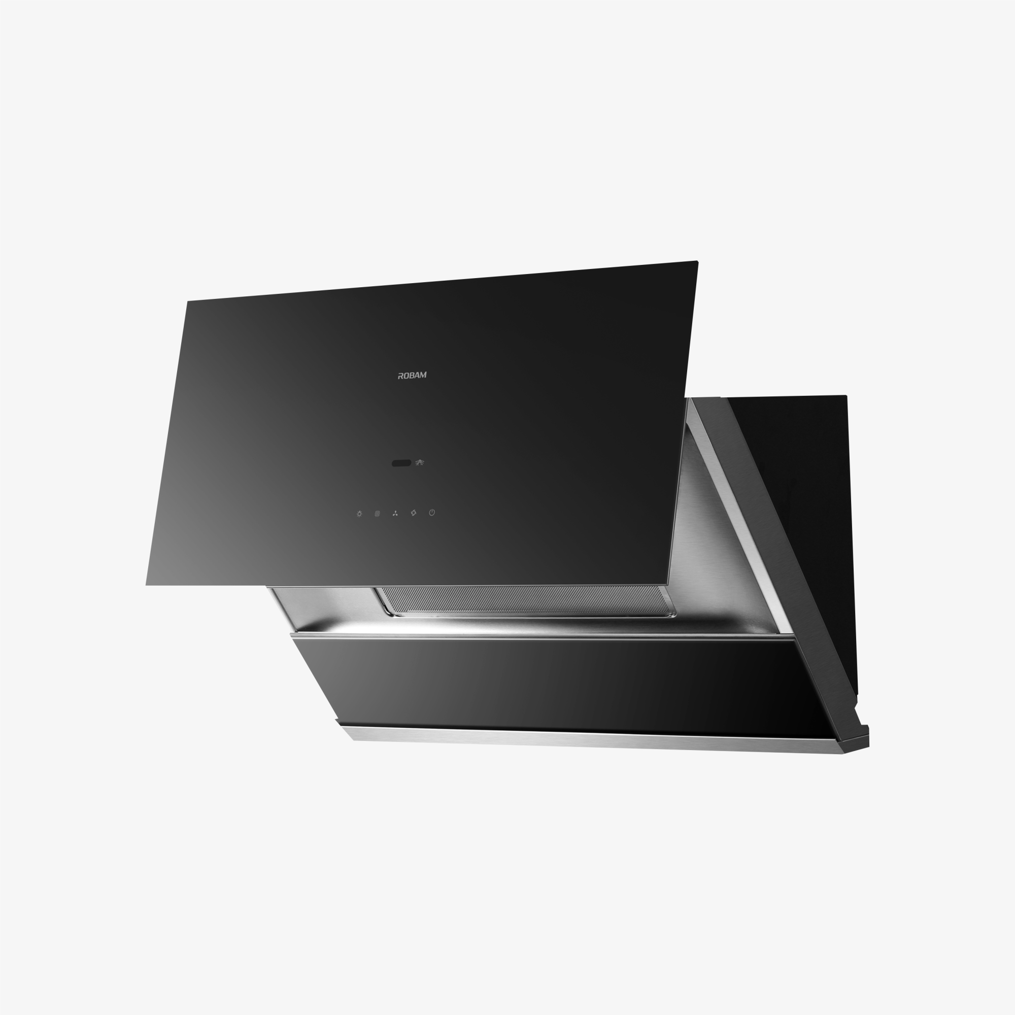 Black under-cabinet range hood with angled chimney housing and control panel