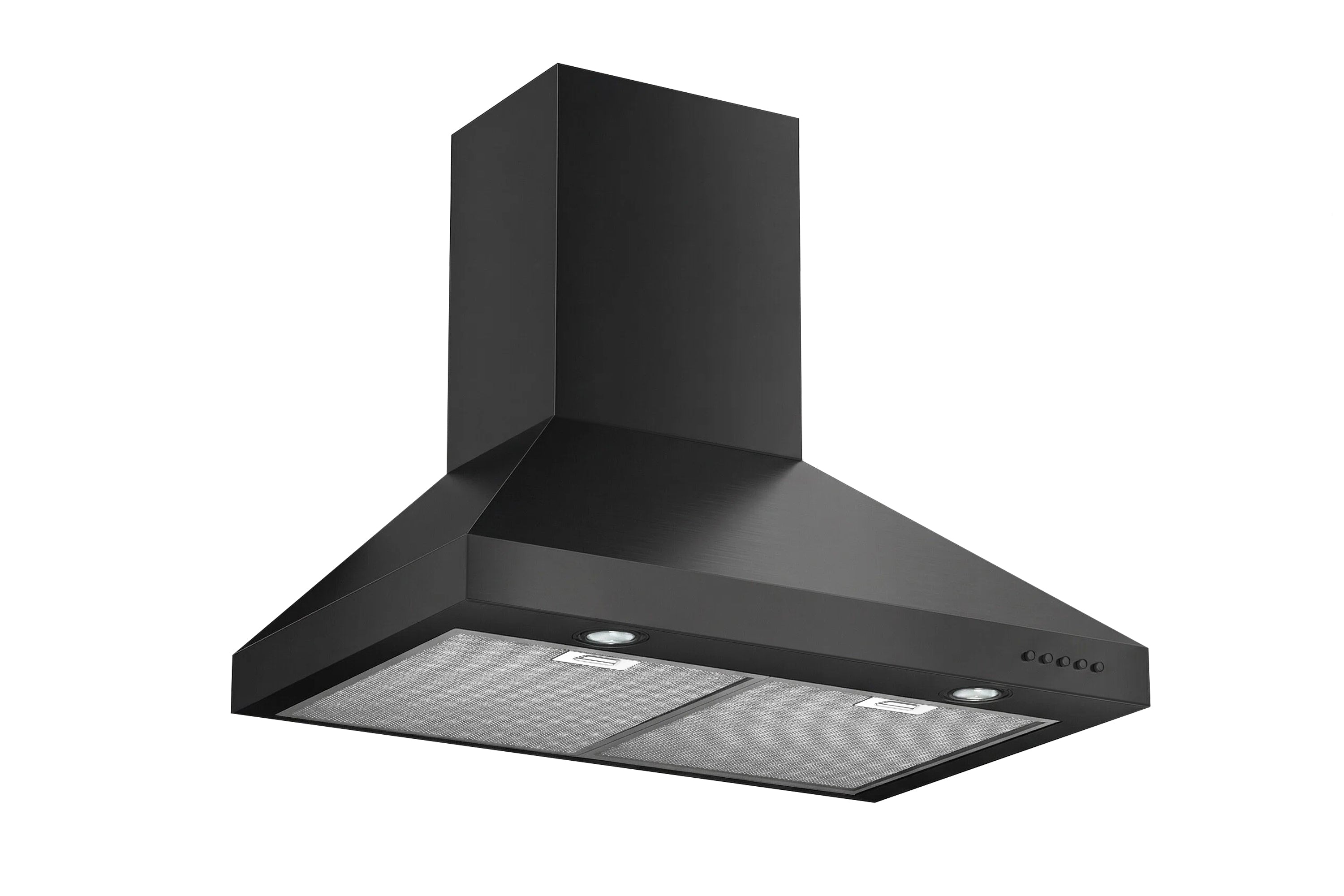 Matte black wall mount range hood with chimney and two metal mesh filters